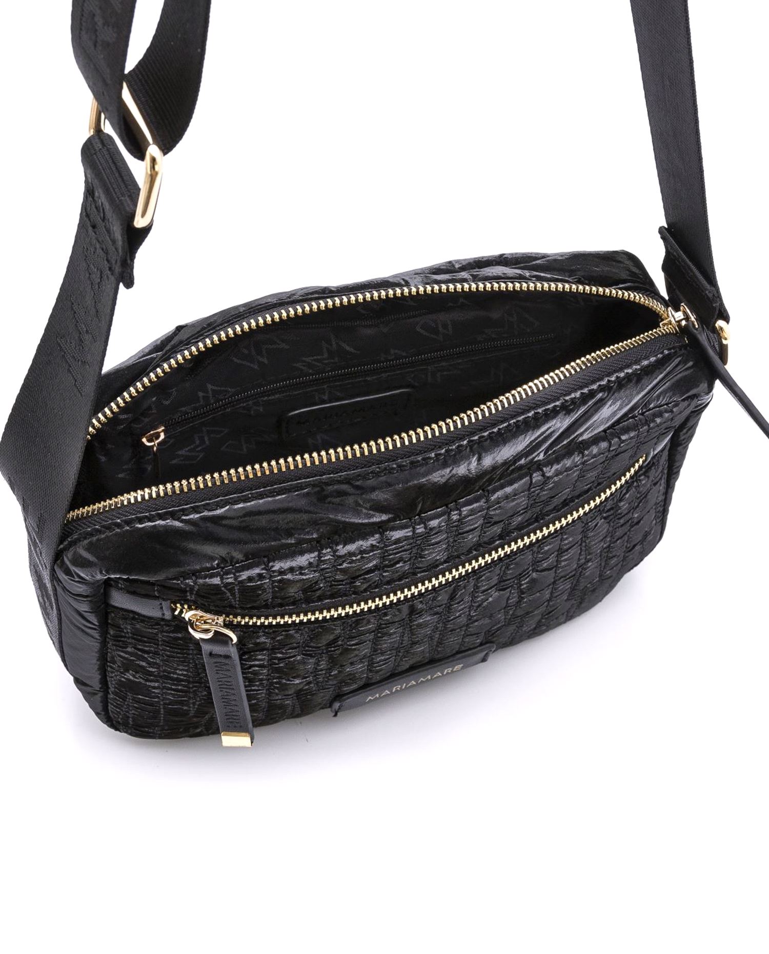 Saco de ombro feminino em preto com tecido acolchoado e fecho dourado Preto-3