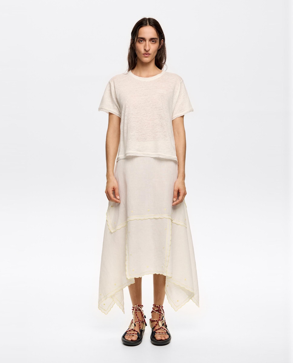Saia Midi Irregular com Bordados Cru-1