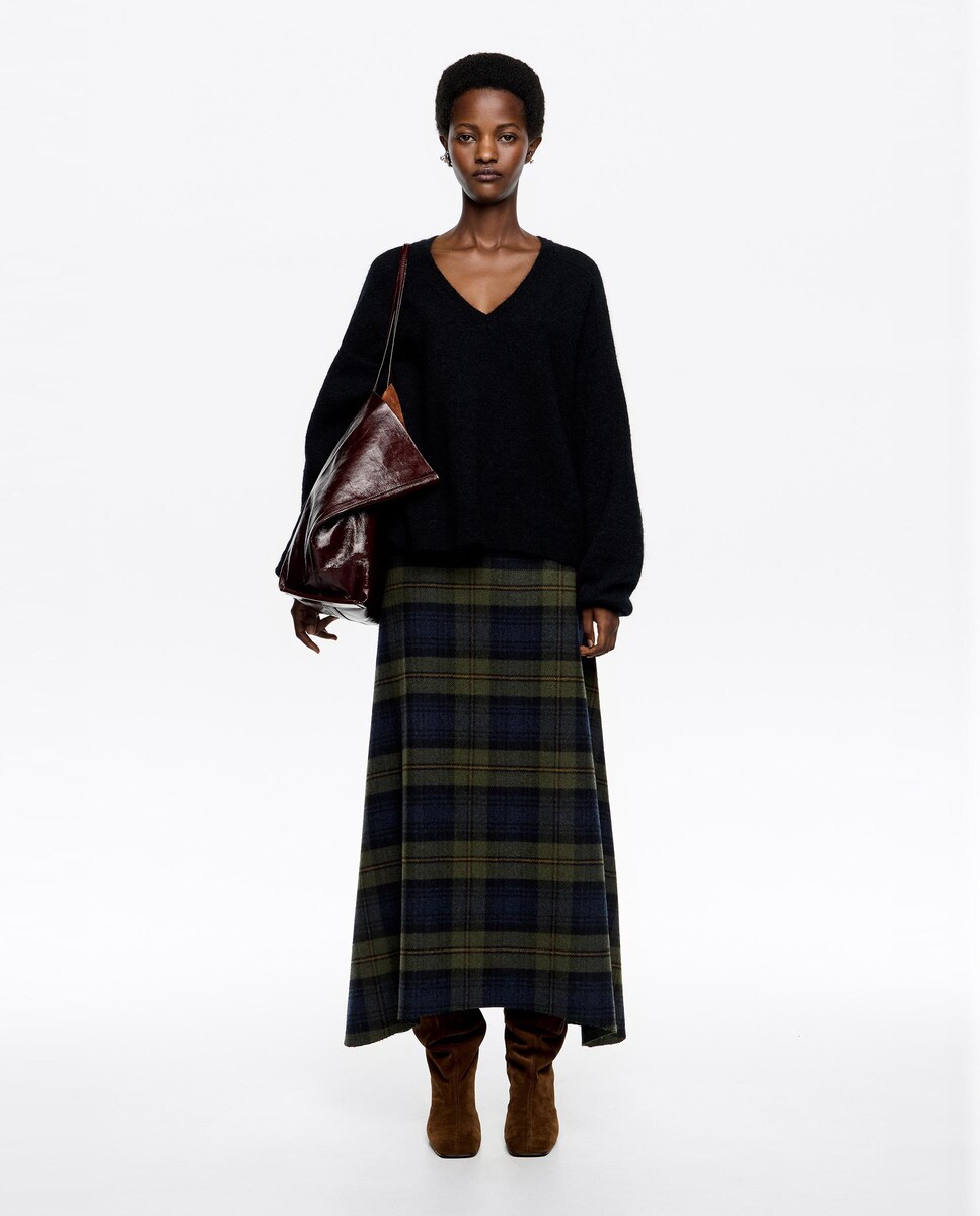 Saia Linha a em Lã Aos Quadrados Caqui-6