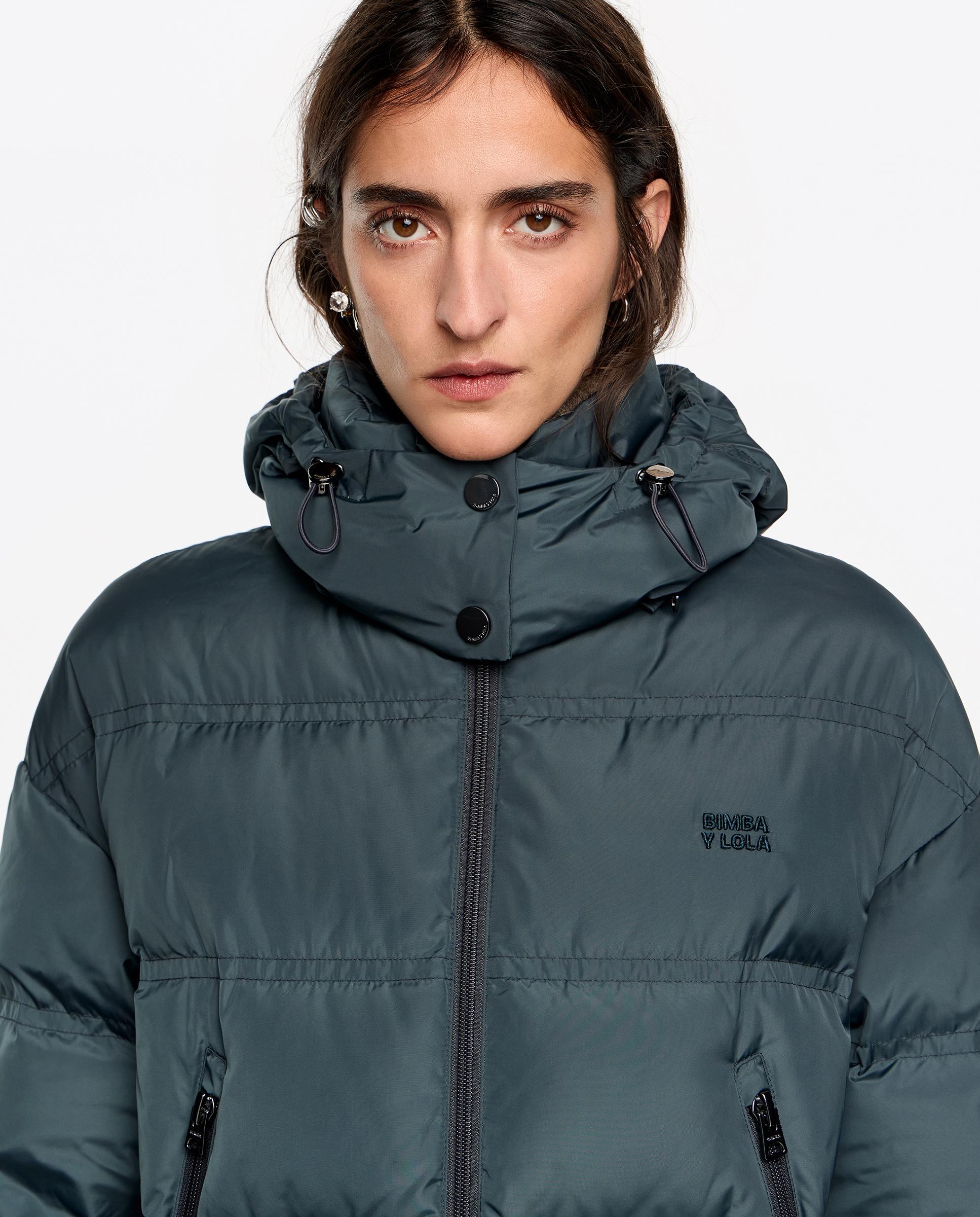 Blusão Acolchoado em Pena Linha a com Capuz Desmontável Azul-escuro-4