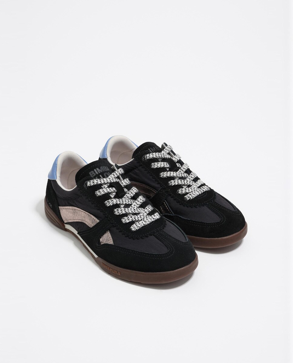 Sapatilhas Desportivas de Pele com Logo Print em Contraste Preto-2