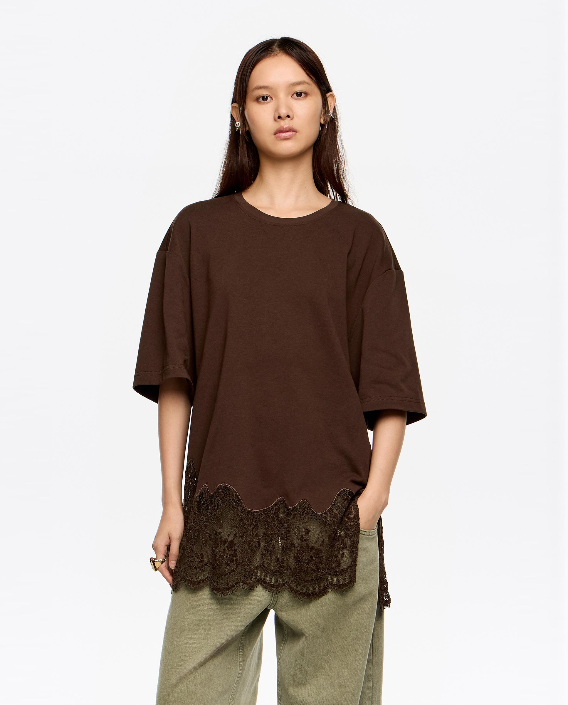 T-shirt Oversize com Rendas Castanho-escuro-1