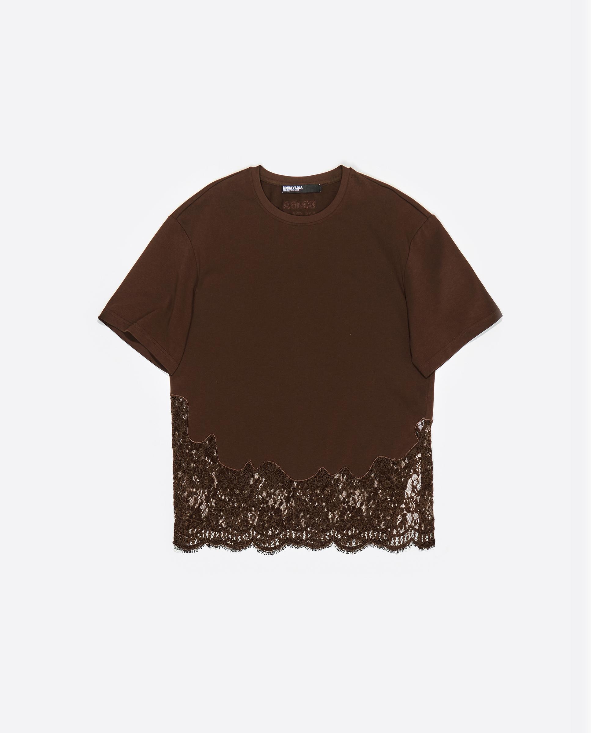T-shirt Oversize com Rendas Castanho-escuro-6