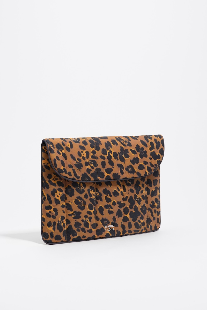 Capa para Portátil de Nylon com Print Leopard Teca Castanho-2