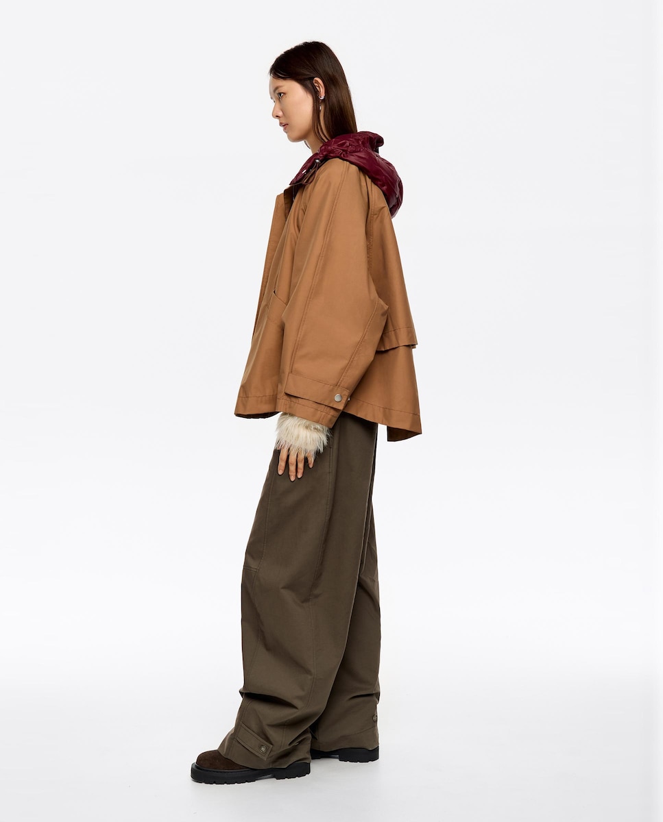 Gabardina com Capuz Acolchoado Desmontável Castanho-2