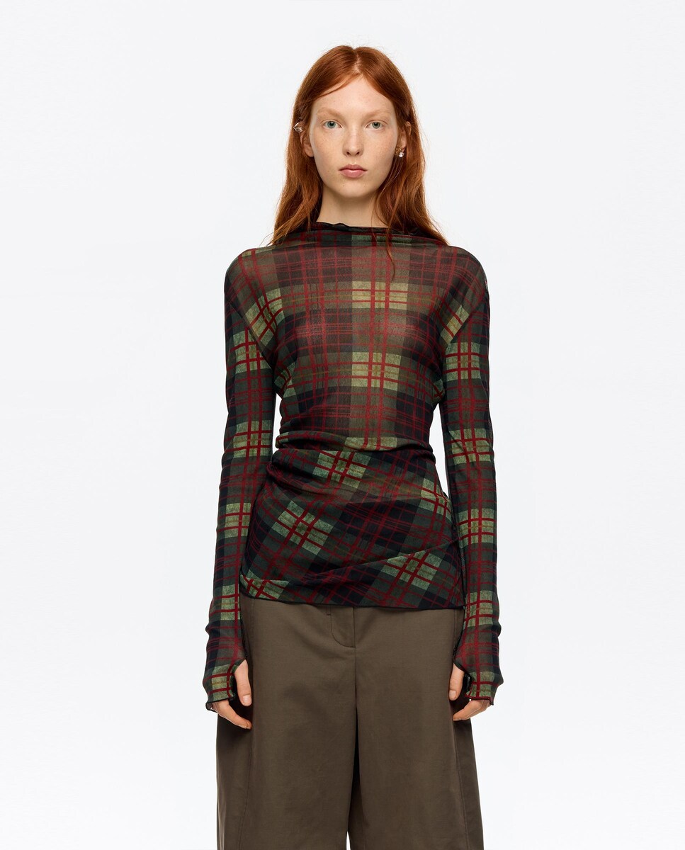 T-shirt de Tule com Gola Alta Aos Quadrados Vermelho-1