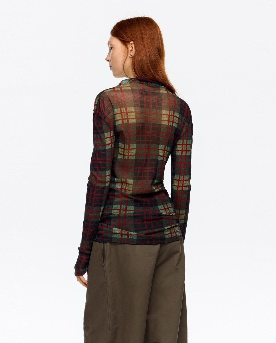 T-shirt de Tule com Gola Alta Aos Quadrados Vermelho-5