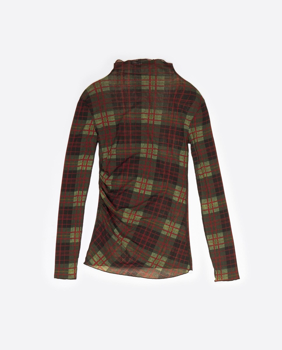 T-shirt de Tule com Gola Alta Aos Quadrados Vermelho-6