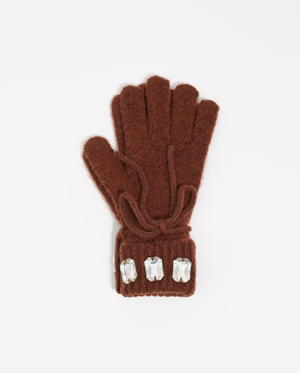 Luvas de Malha com Pedraria Castanho-3