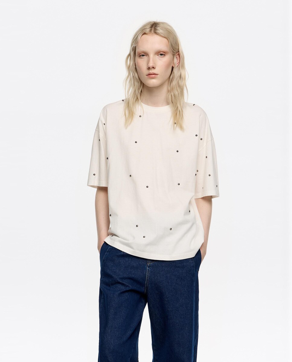 T-shirt em Algodão com Rebites Marfim-1