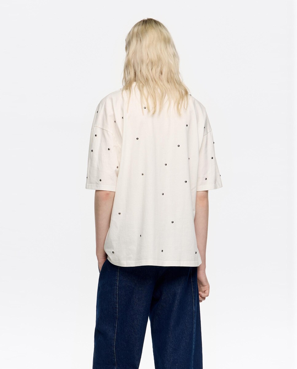 T-shirt em Algodão com Rebites Marfim-3