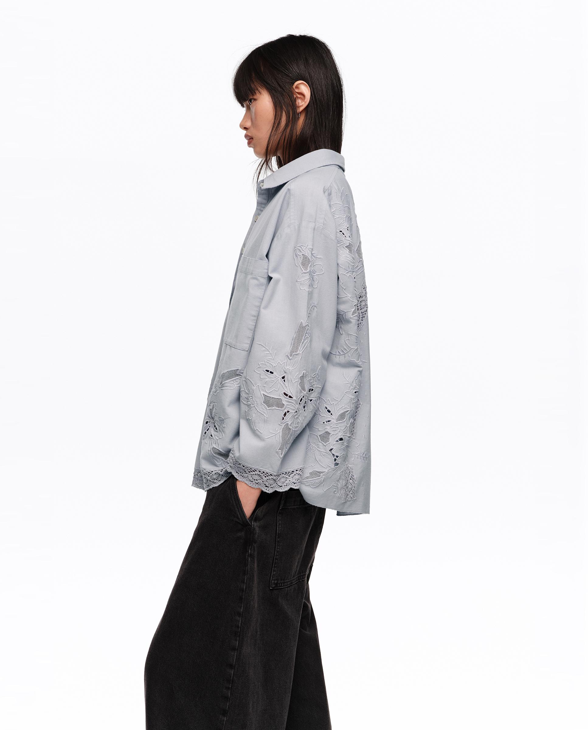 Camisa Oversize com Algodão e Bordados Azul-claro-4