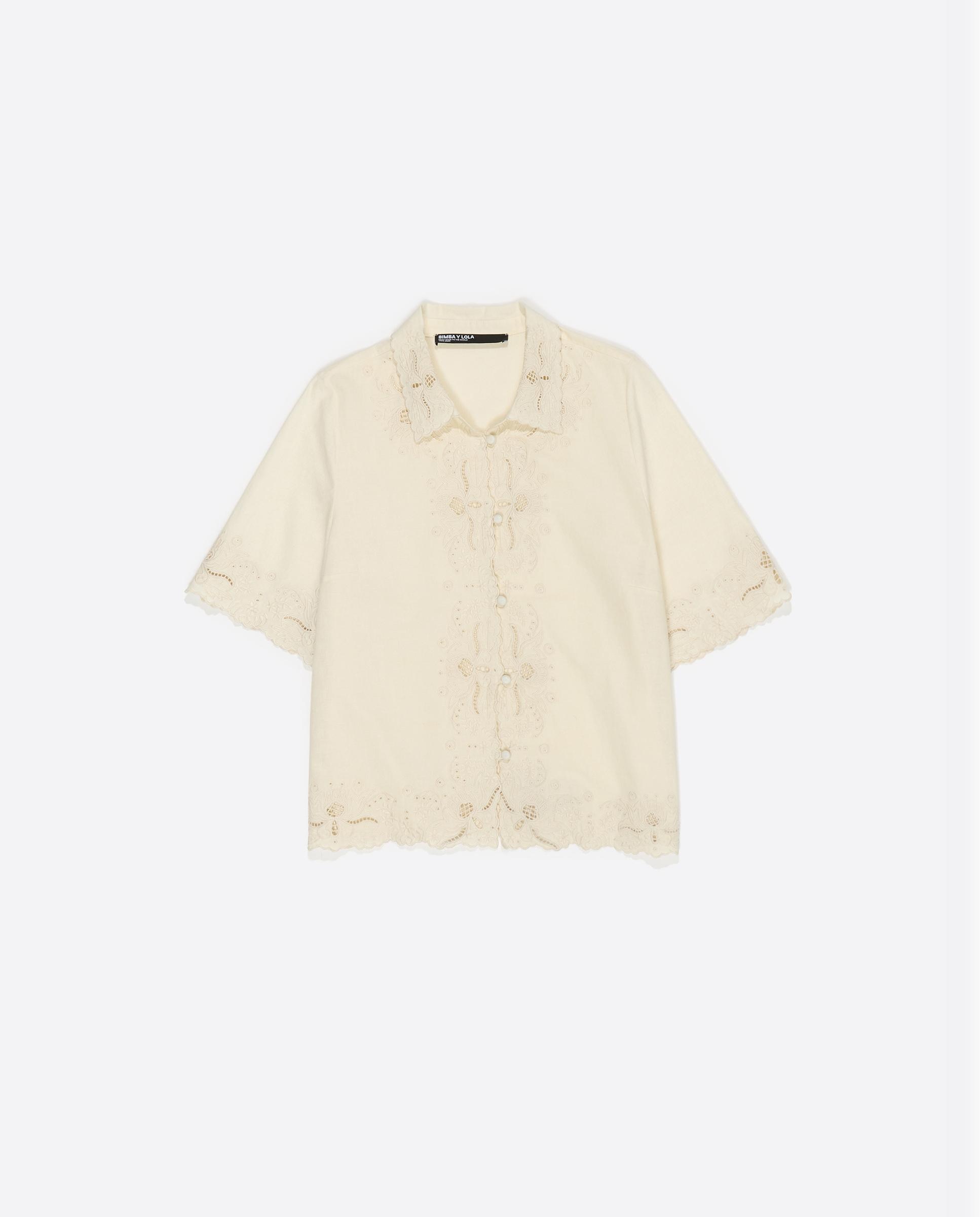 Camisa com Bordados de Linho Bege-5