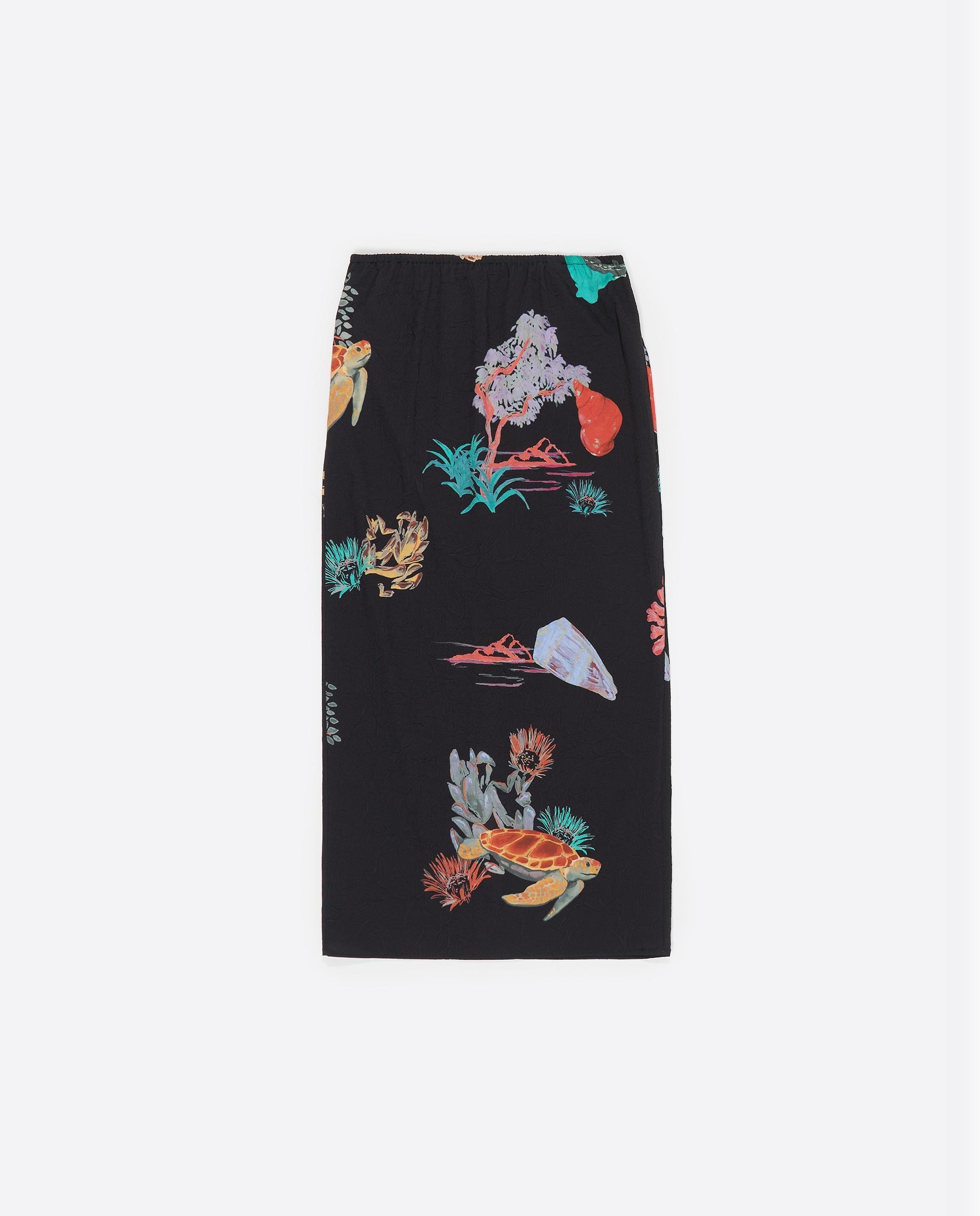Saia Midi Efeito Enrugado com Estampados Preto-5