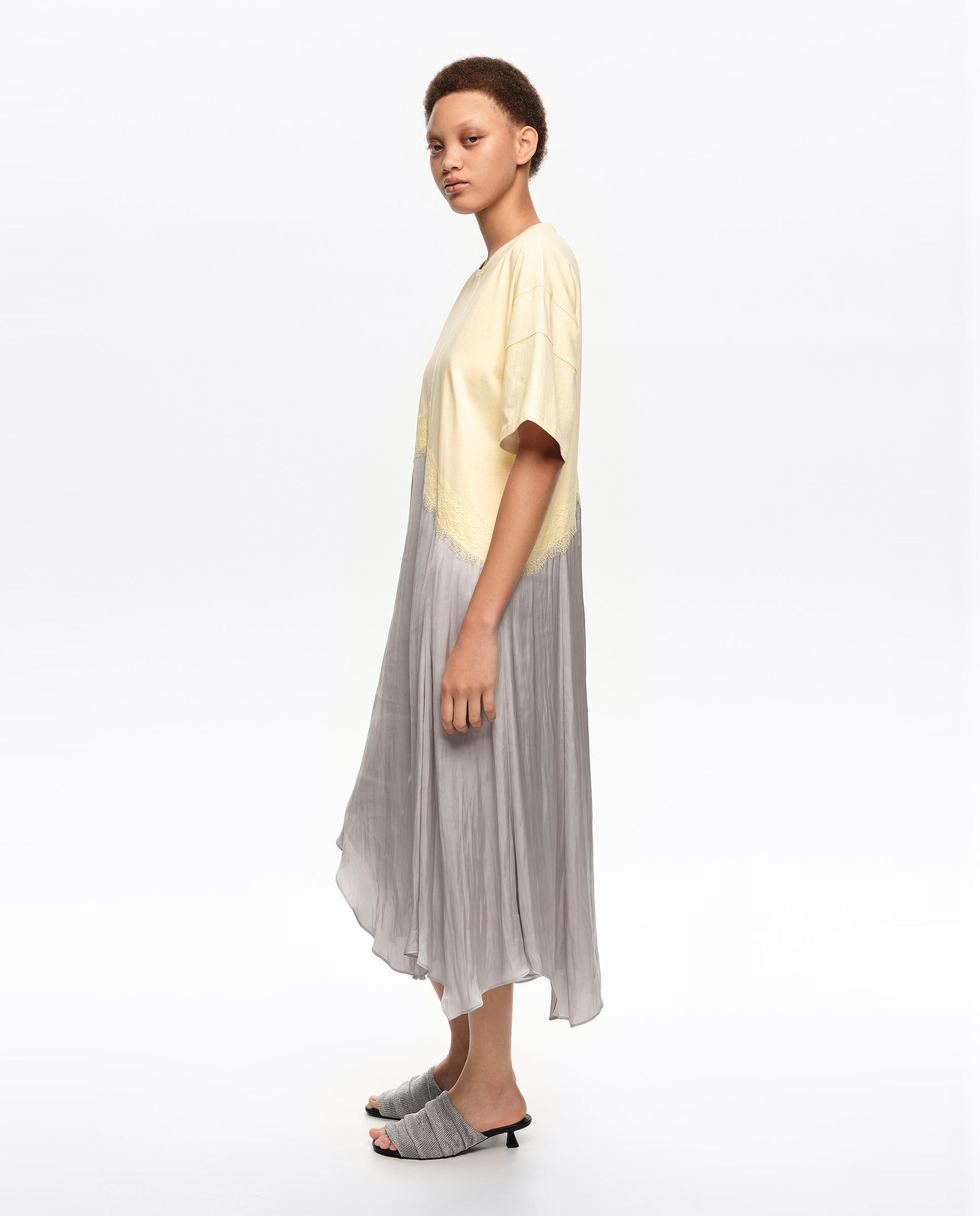 Vestido Midi Bimaterial Irregular Cinzento / Branco-3