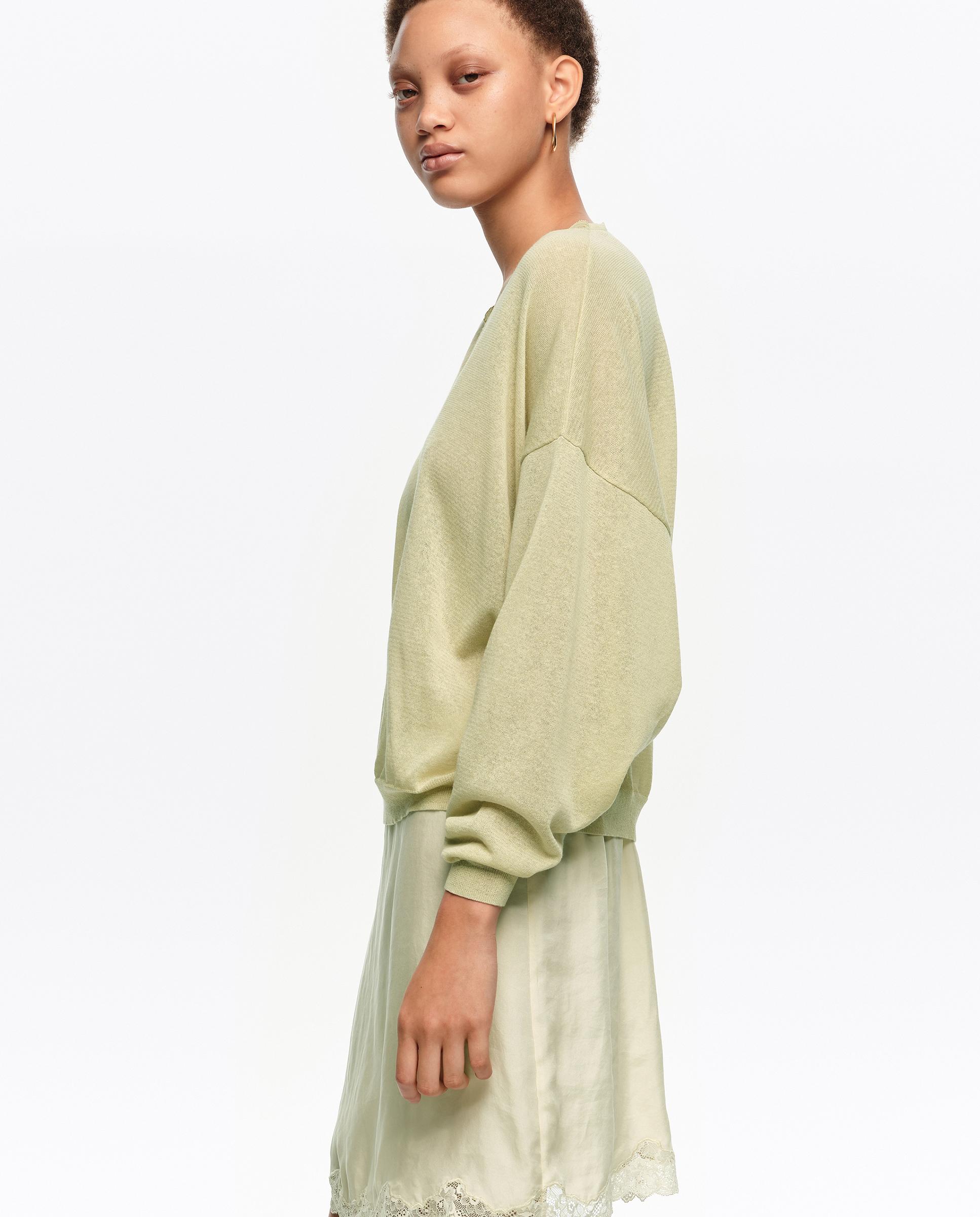 Camisola Curta de Renda em Algodão e Linho Verde-claro-3