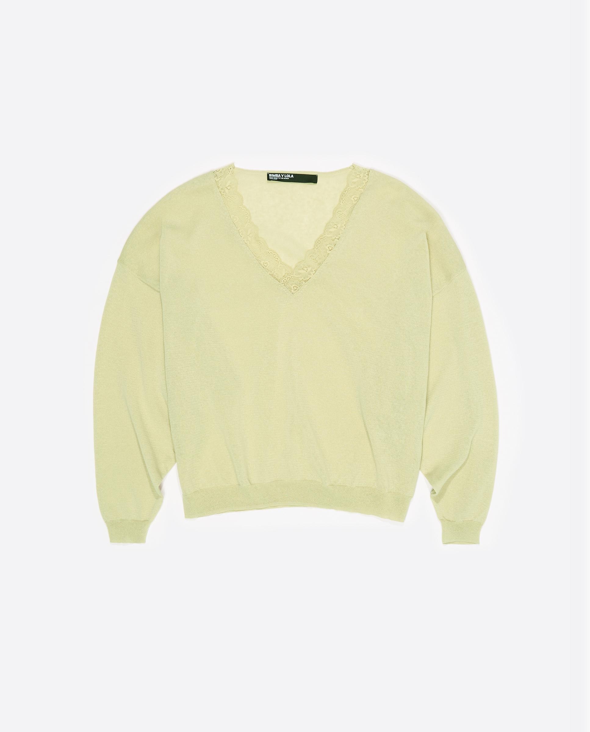 Camisola Curta de Renda em Algodão e Linho Verde-claro-5