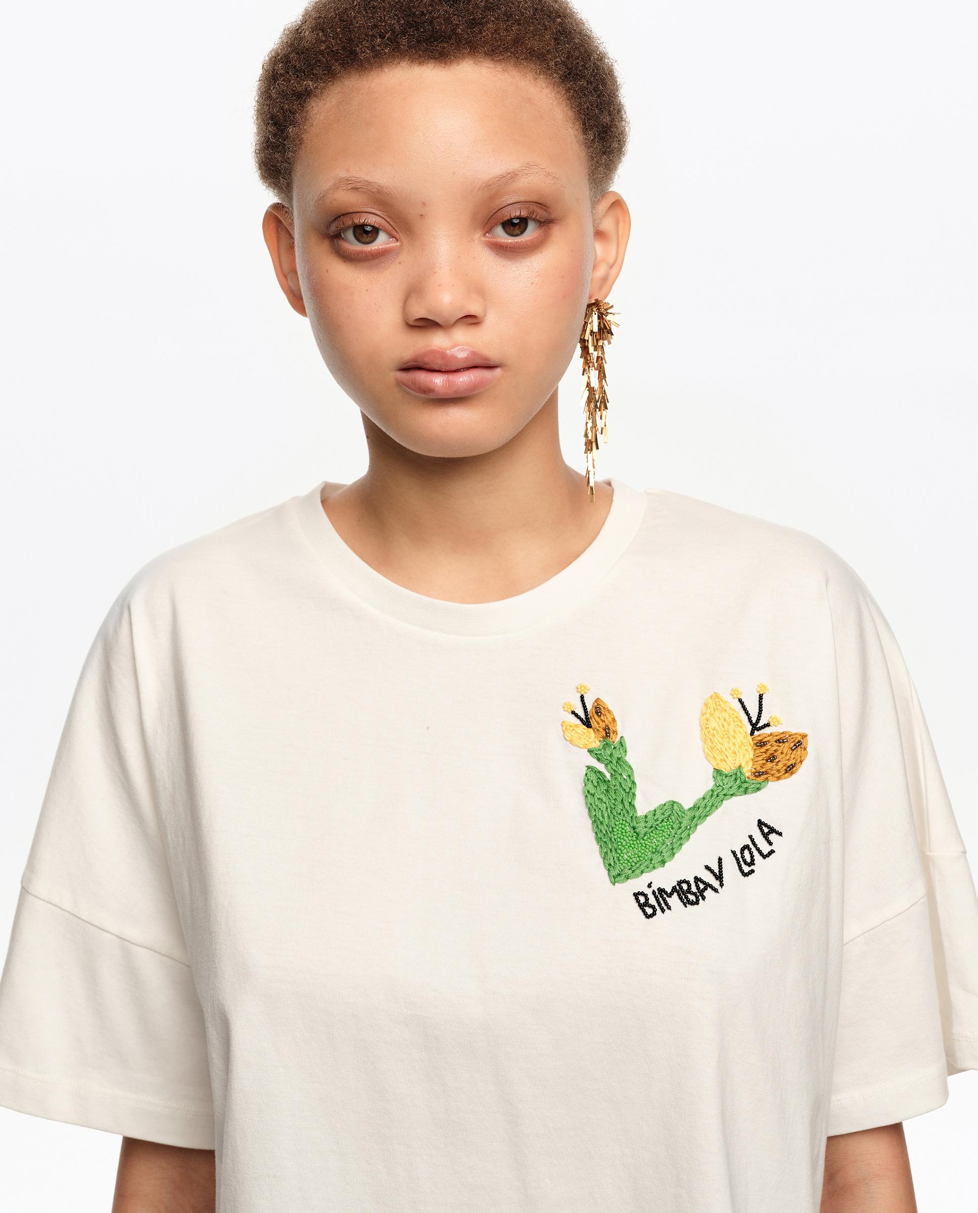 T-shirt com Logo Bordado À Mão Marfim-2