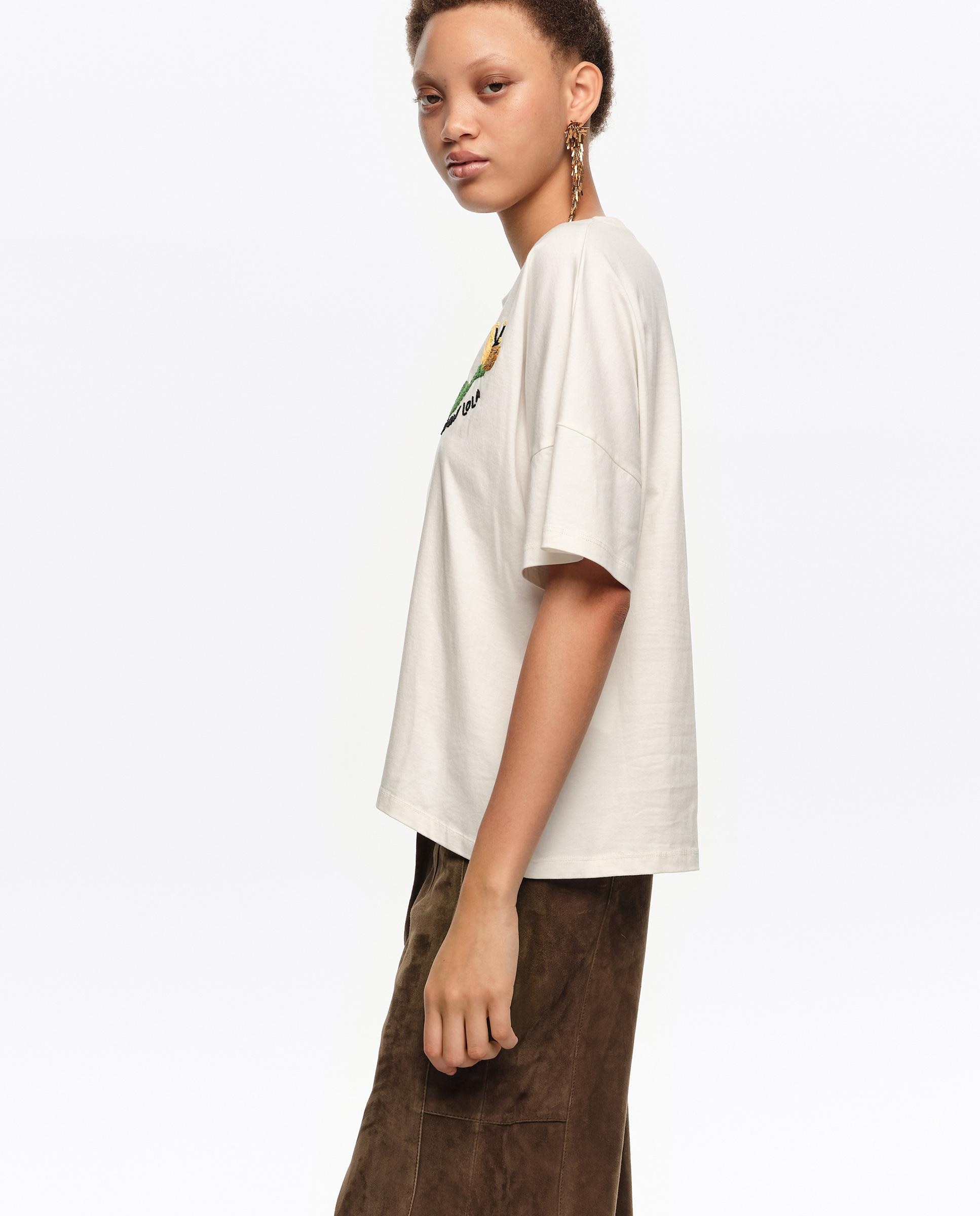 T-shirt com Logo Bordado À Mão Marfim-3