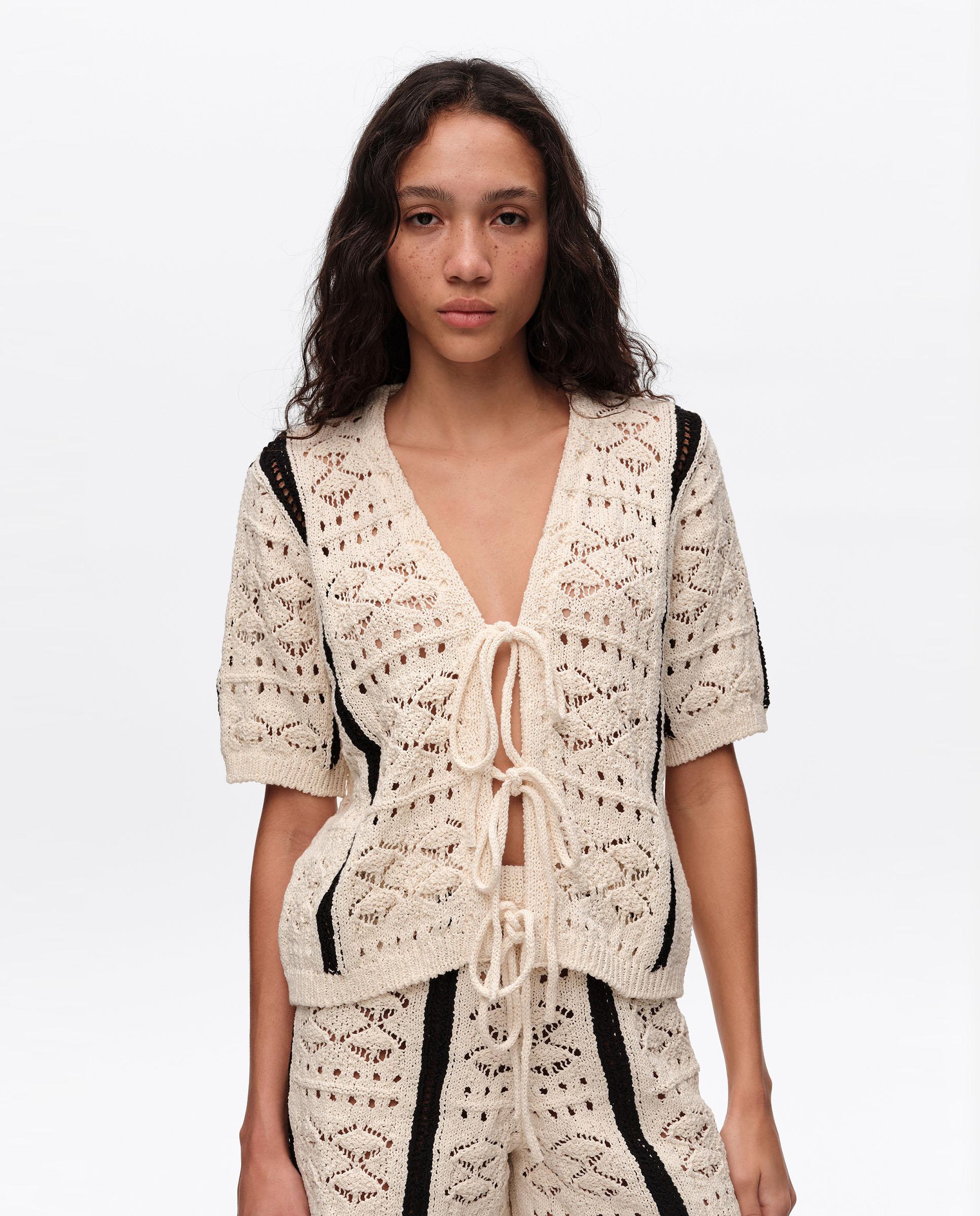Cardigan de Malha Bicolor Marfim-2