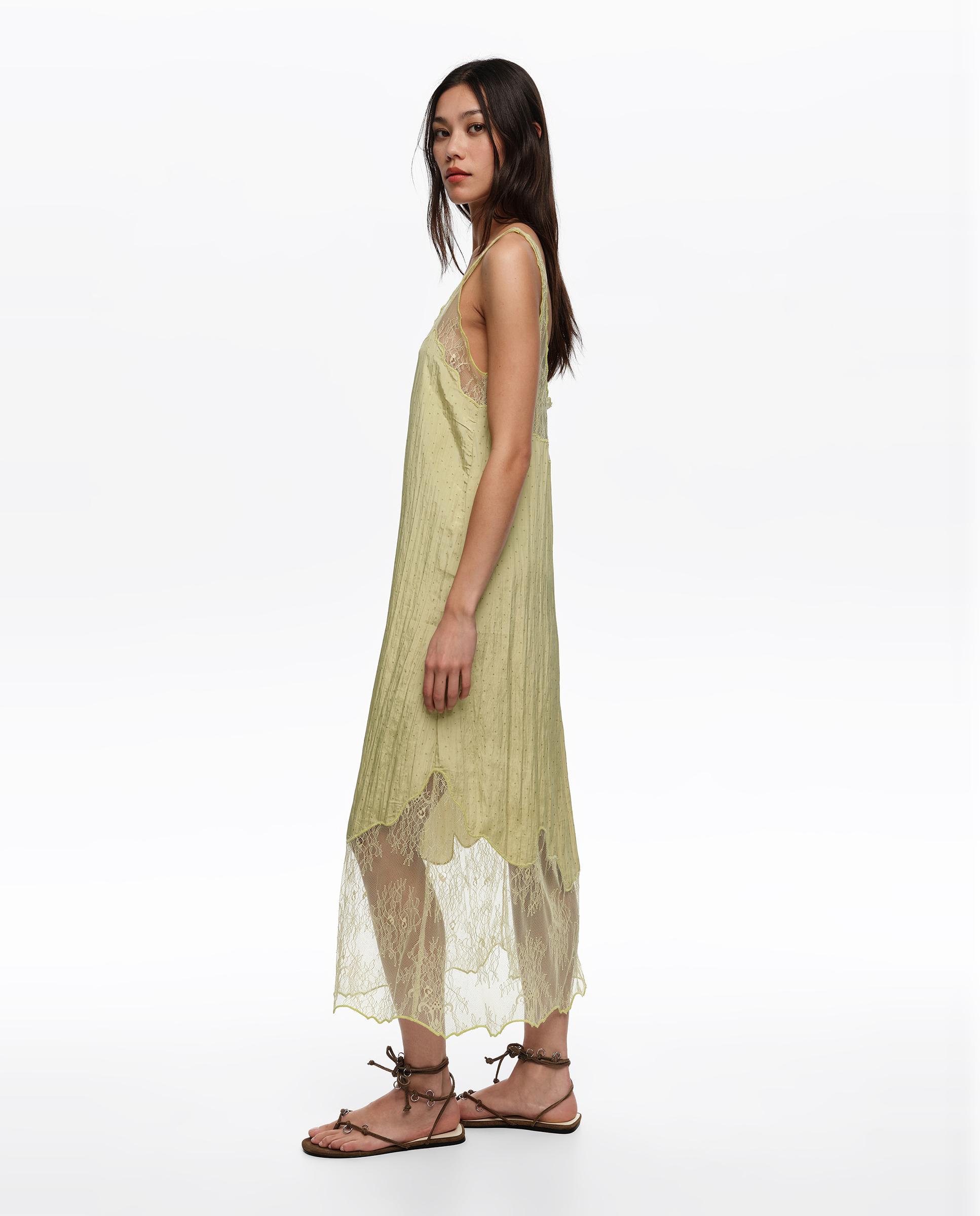 Vestido Comprido de Alças com Rendas Dots Mini Verde-claro-3