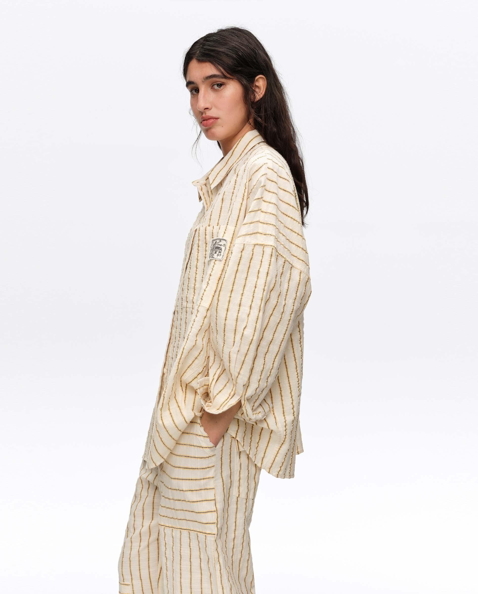Camisa Oversize Algodão com Textura Às Riscas Amarelo-2