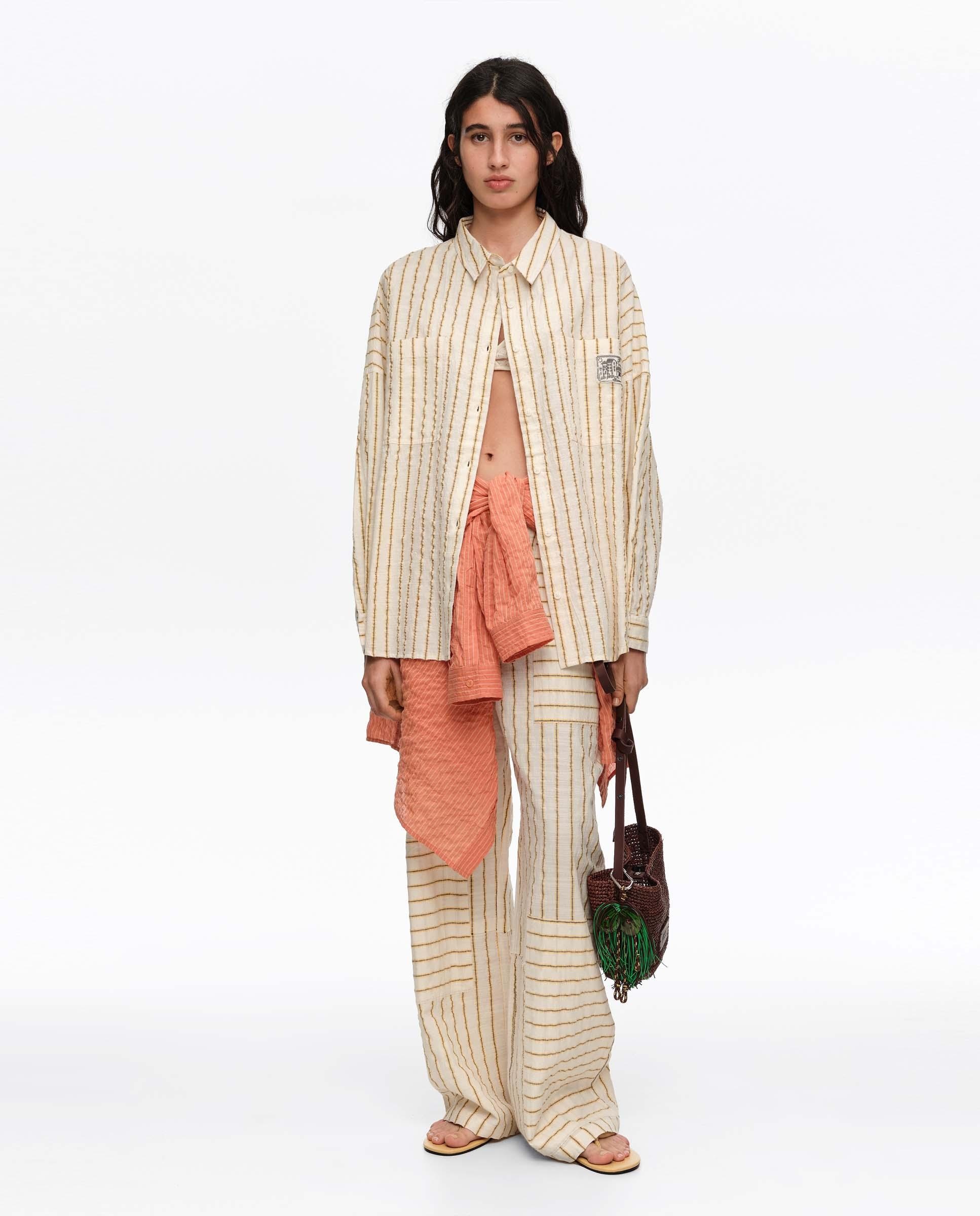 Camisa Oversize Algodão com Textura Às Riscas Amarelo-5