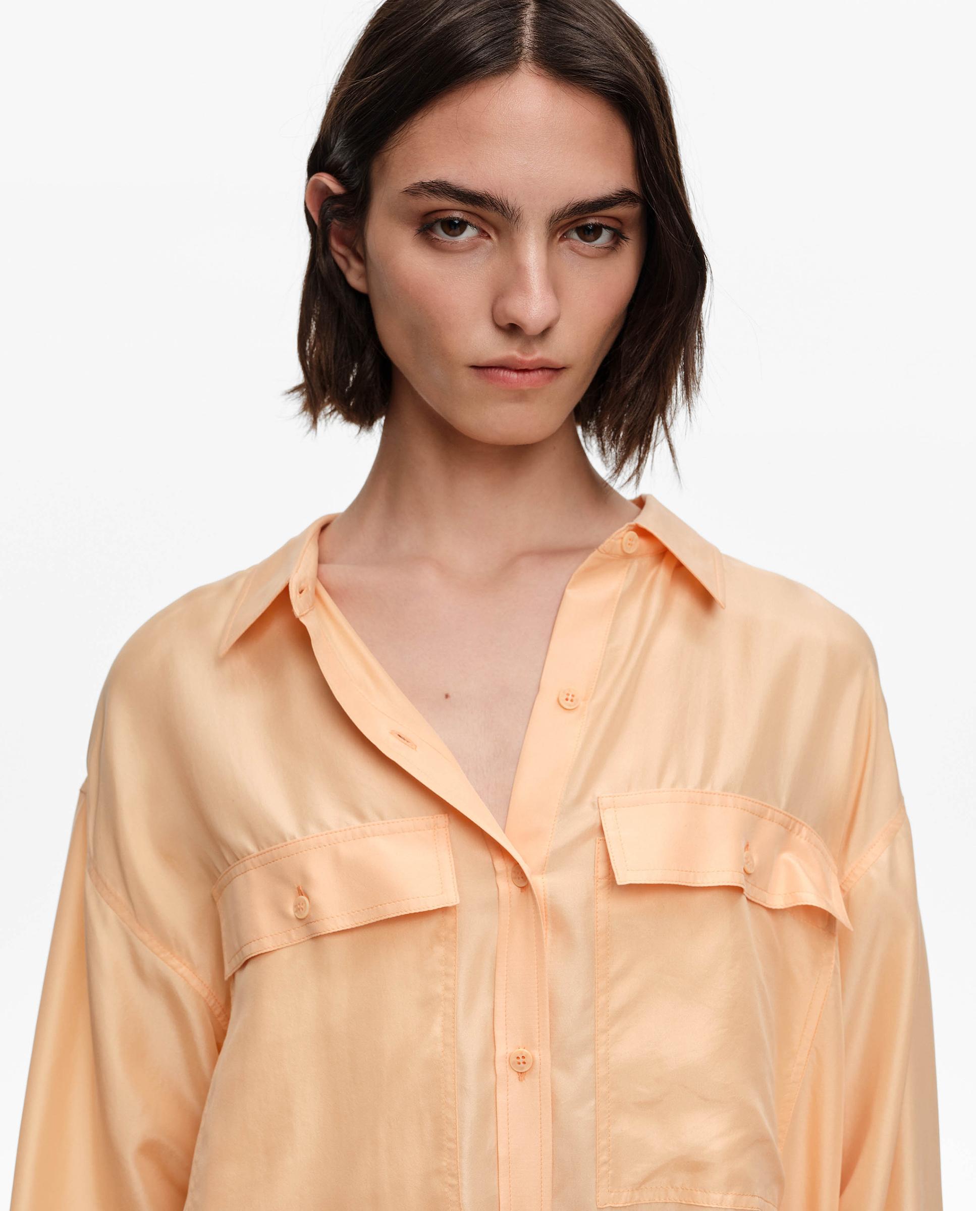 Camisa 100% Seda com Bolsos Laranja-2