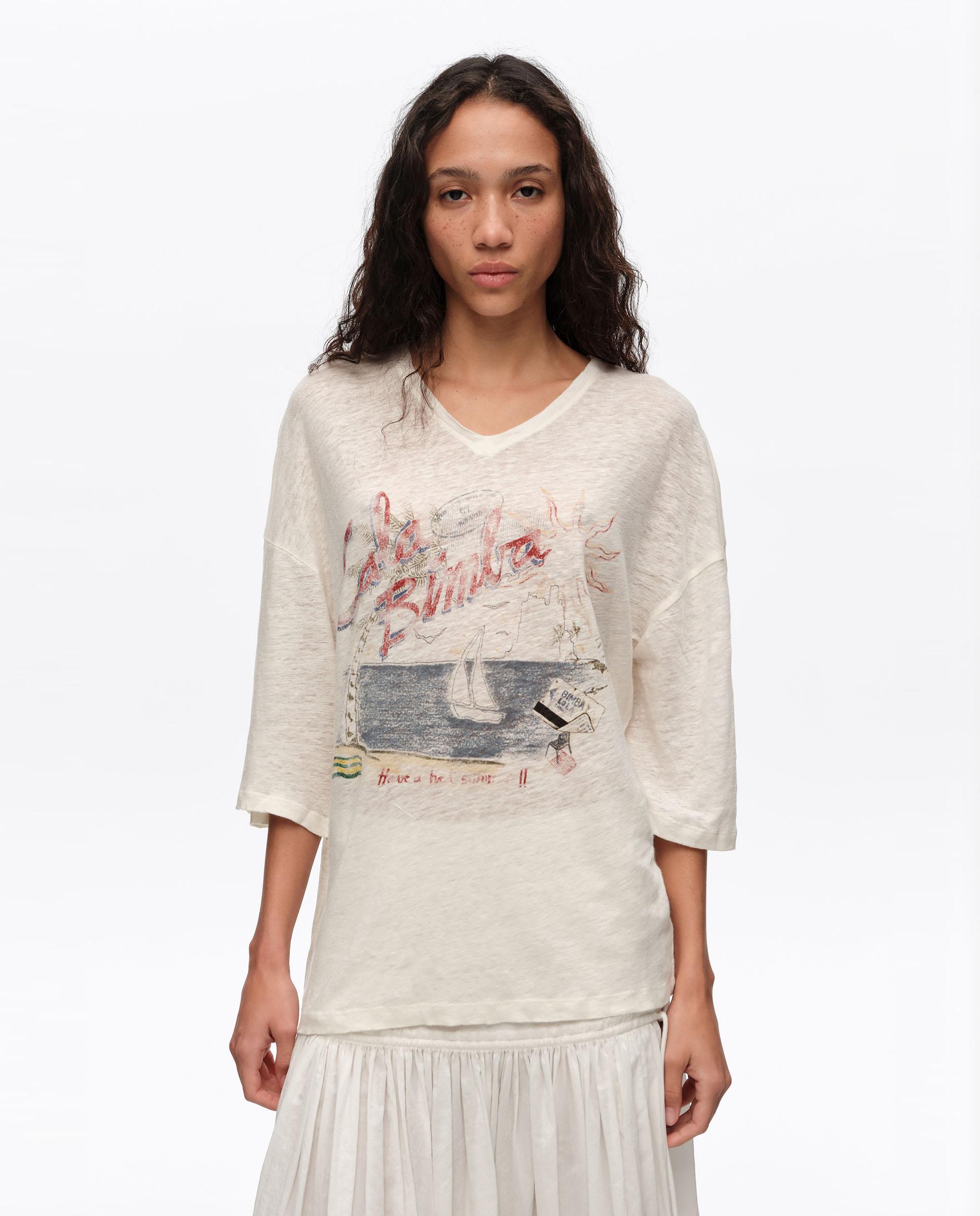 T-shirt com Logo Cala Bimba de Linho Lavado Marfim-2