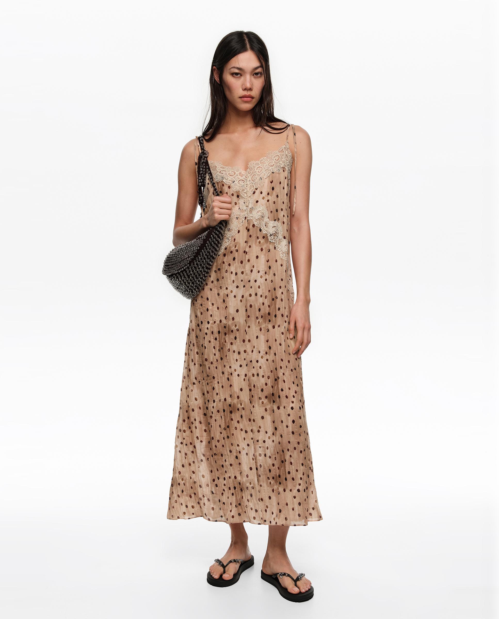 Vestido Comprido Plissado Renda Dots Natural-5