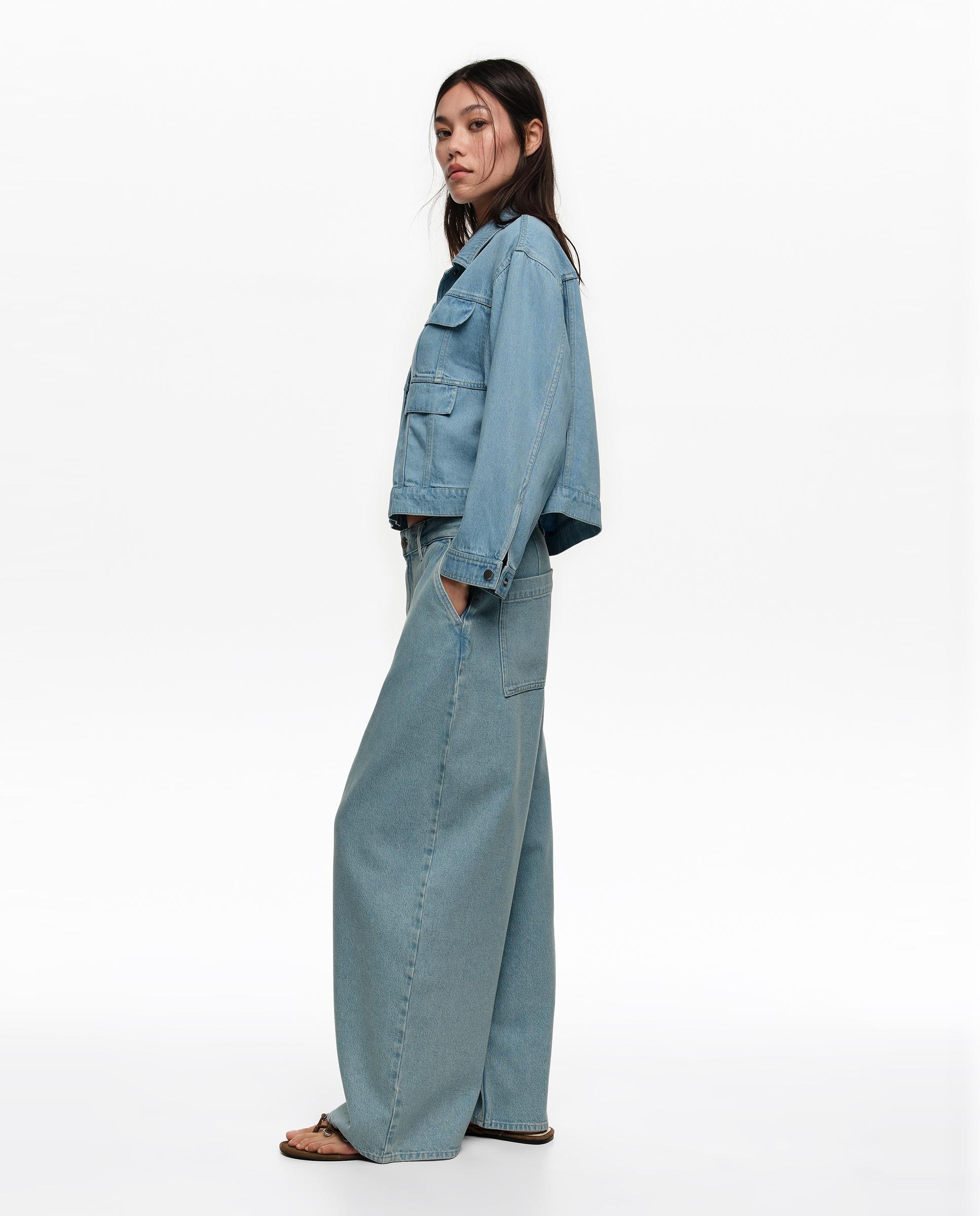 Calças Retas com Pinças Denim Fluído Azul denim-3