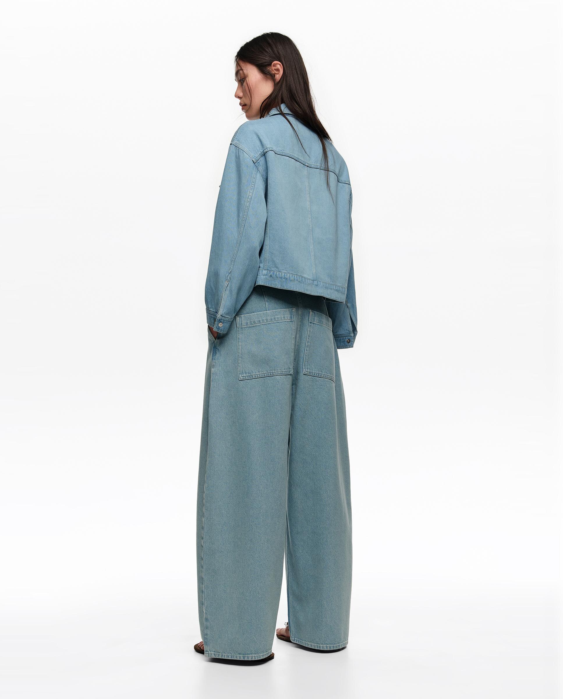 Calças Retas com Pinças Denim Fluído Azul denim-4