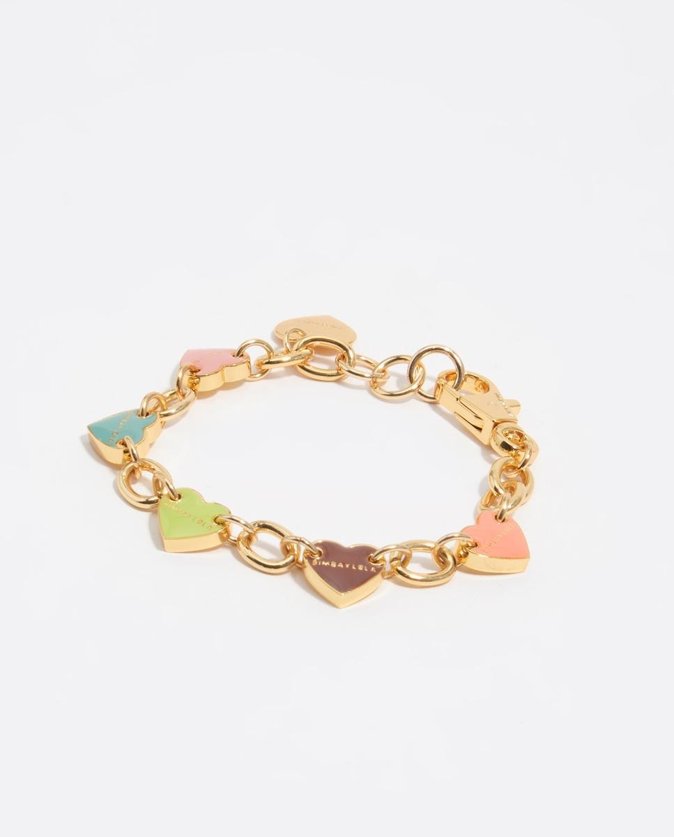 Pulseira com Charms em Forma de Corações e Logo Gravado Dourado-1