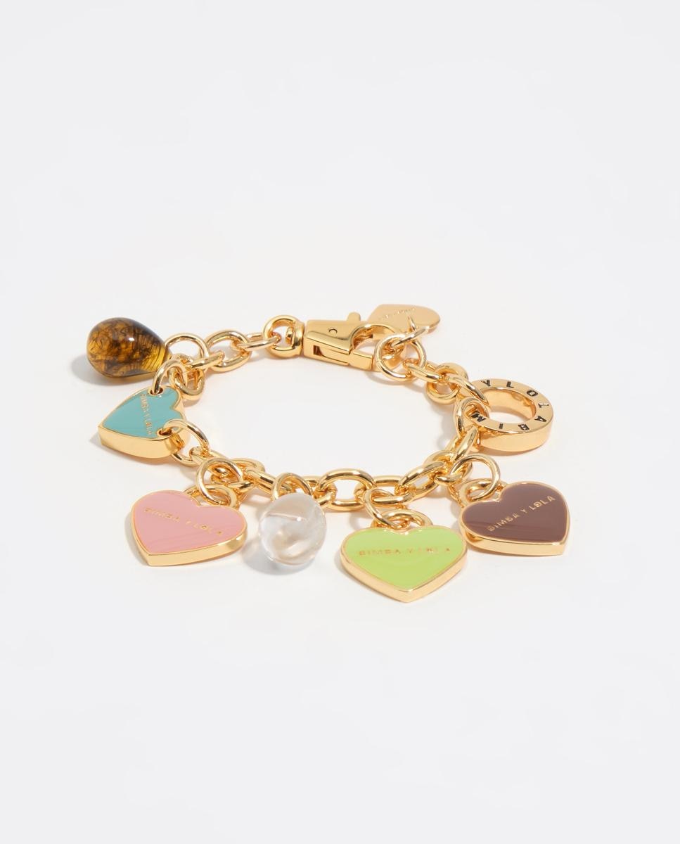 Pulseira com Charms em Forma de Coração e Abalorios Dourado-1