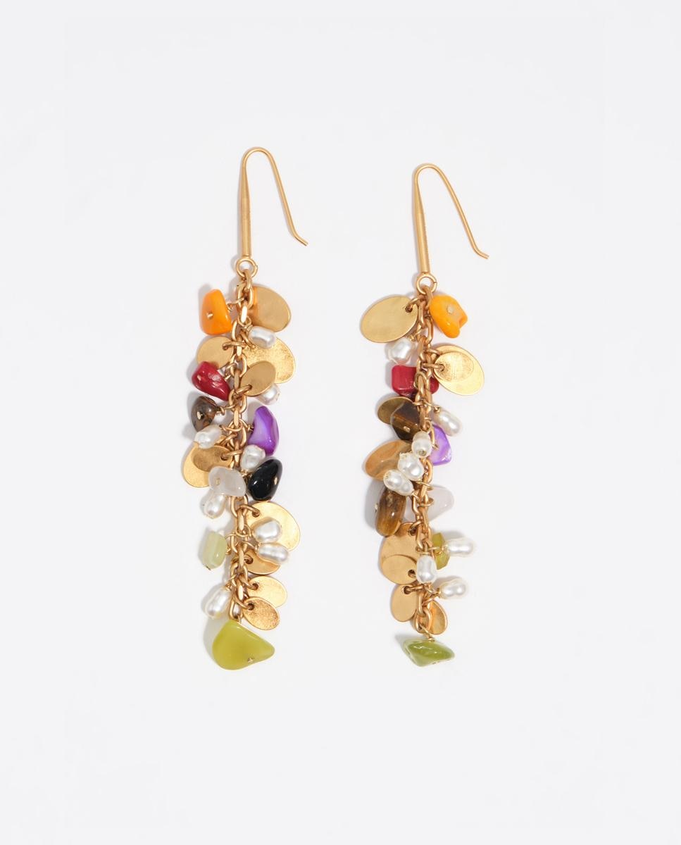 Brincos Pedras e Metal com Textura Dourado-1