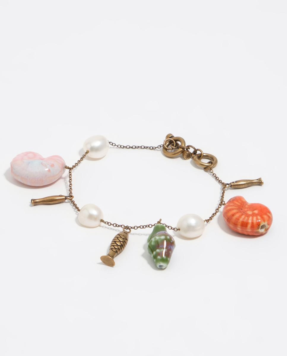 Pulseira de Corrente com Pérolas, Búzios e Peixes Envelhecida Pérola-1