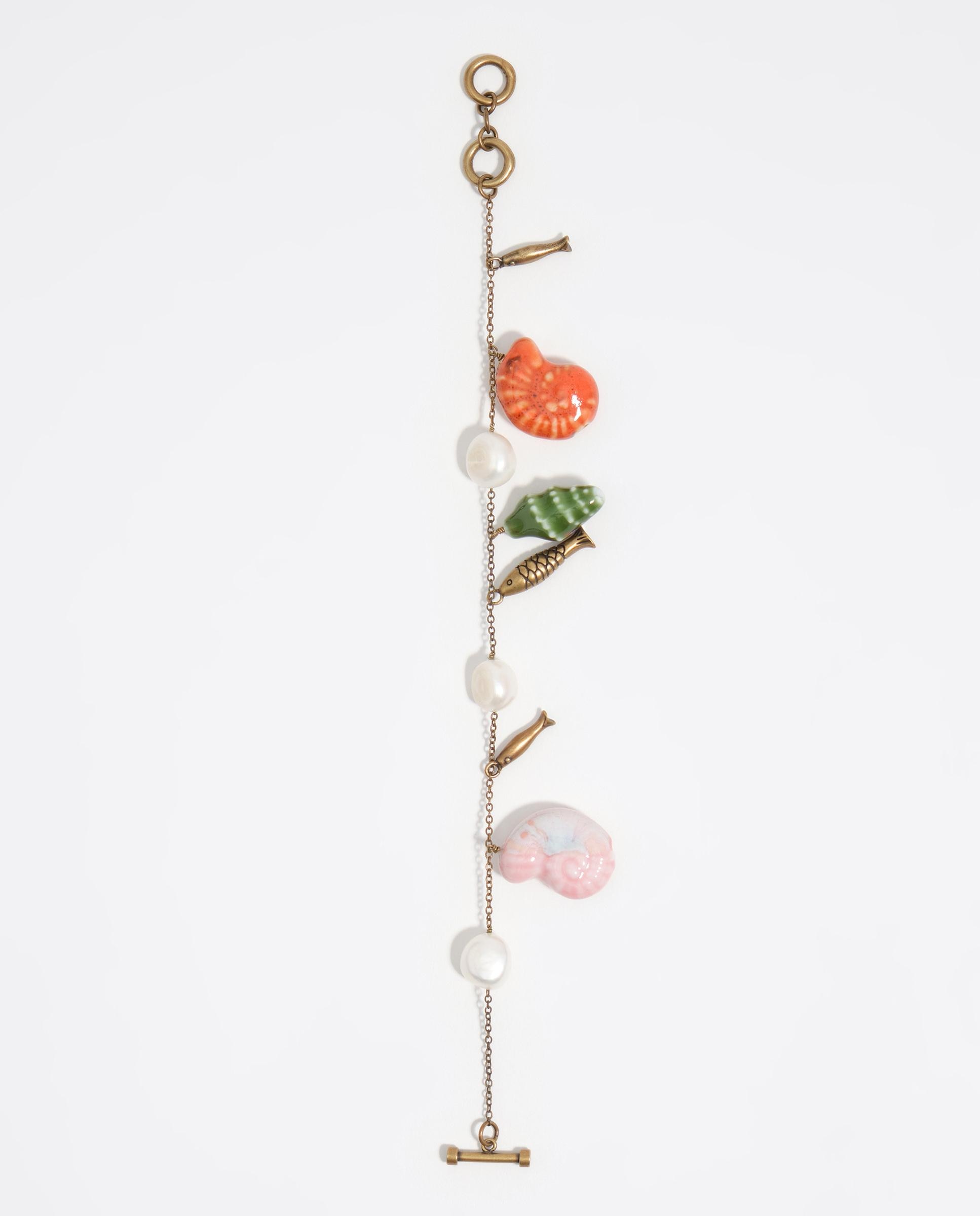 Pulseira de Corrente com Pérolas, Búzios e Peixes Envelhecida Pérola-2