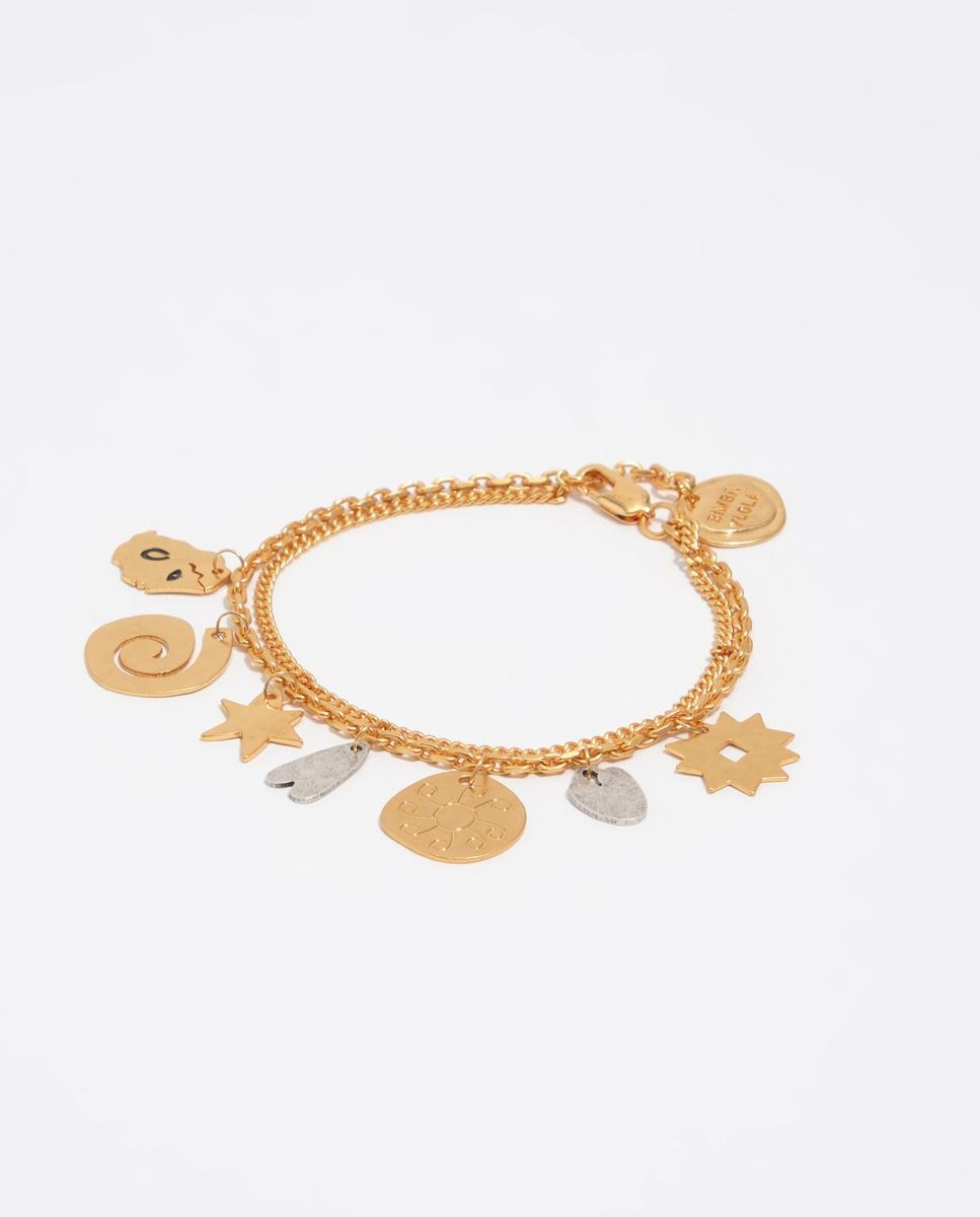 Imagem 0 de Pulseira de Corrente Dupla com Silhuetas em Metal Bicolor