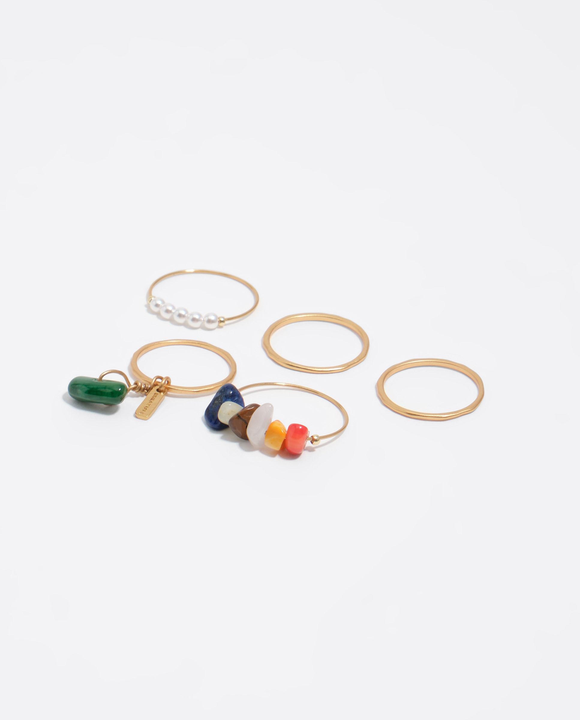 Set de Anéis com Pedras e Pérolas Dourado-2