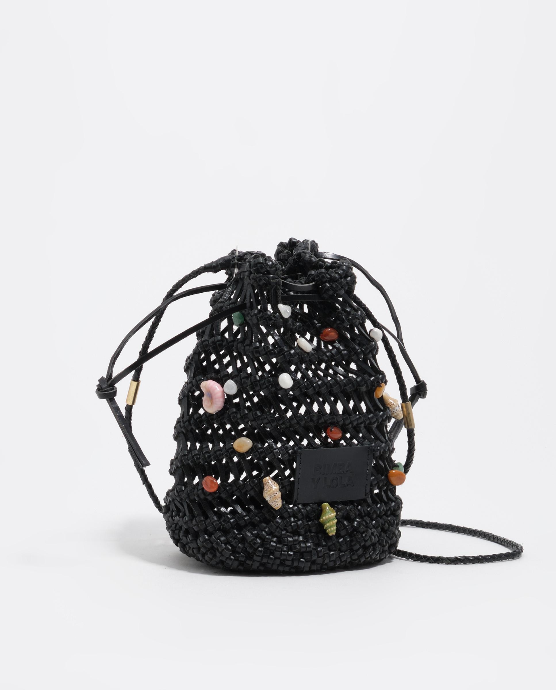 Mala Bucket Mini Entrançada em Pele com Pedras Naturais Preto-2