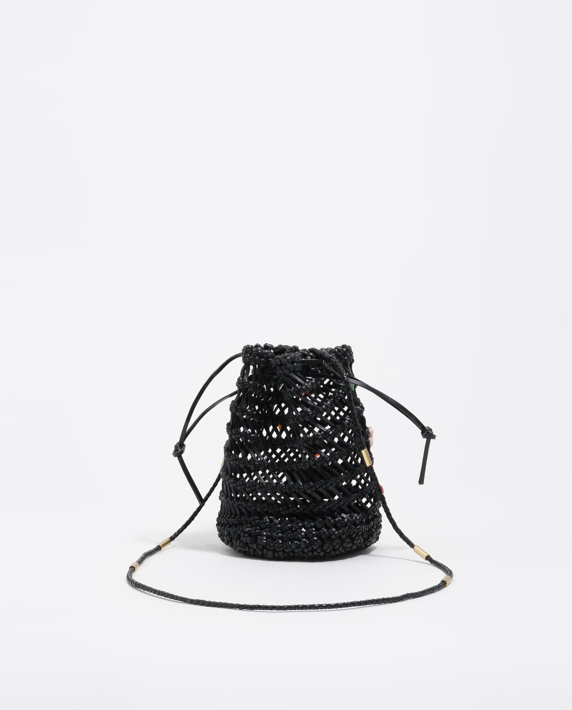Mala Bucket Mini Entrançada em Pele com Pedras Naturais Preto-6