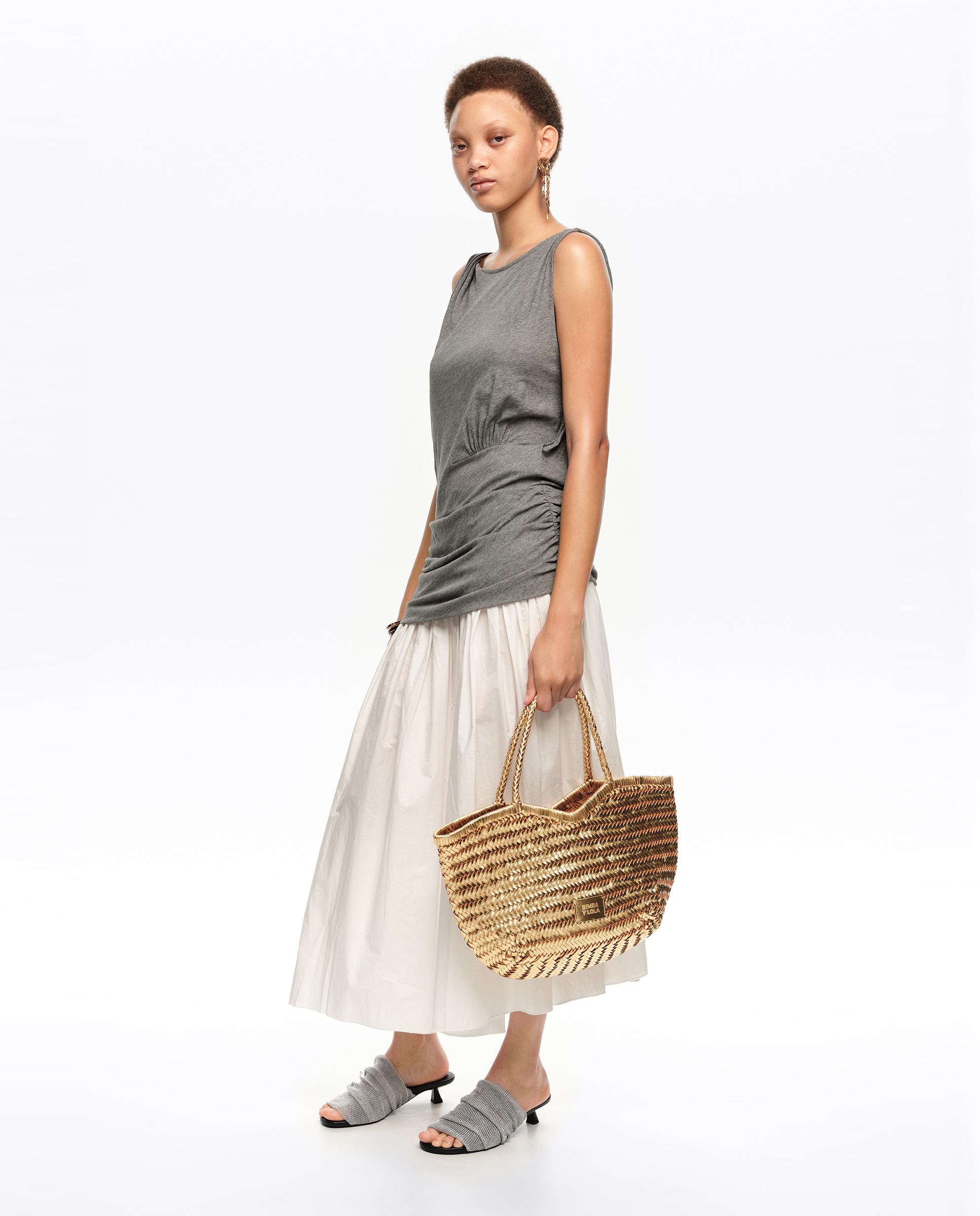 Mala de Ombro Shopper Grande Entrançada Pele Ouro-5