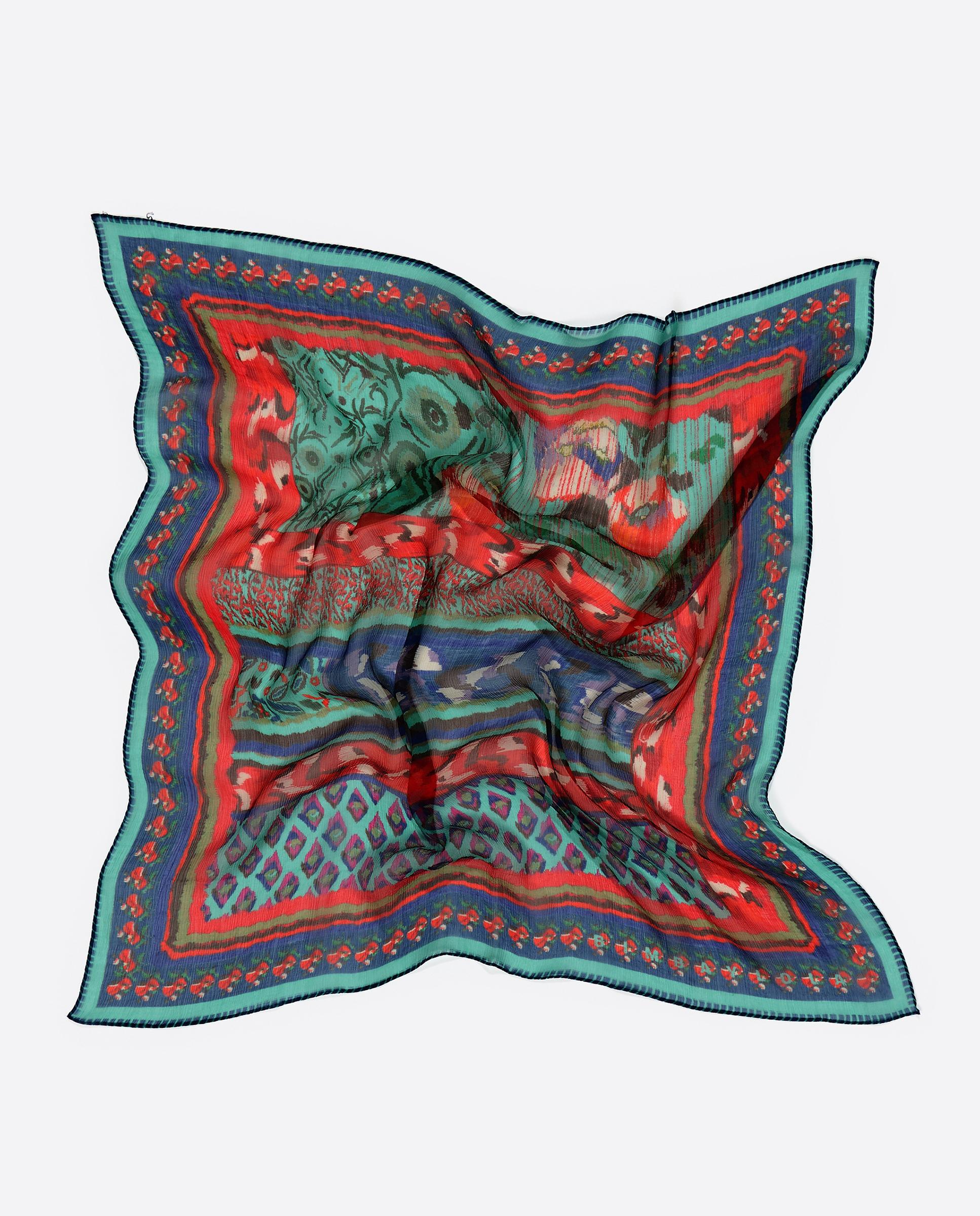 Écharpe com Franjas Flores Ikat Vermelho / Verde-3