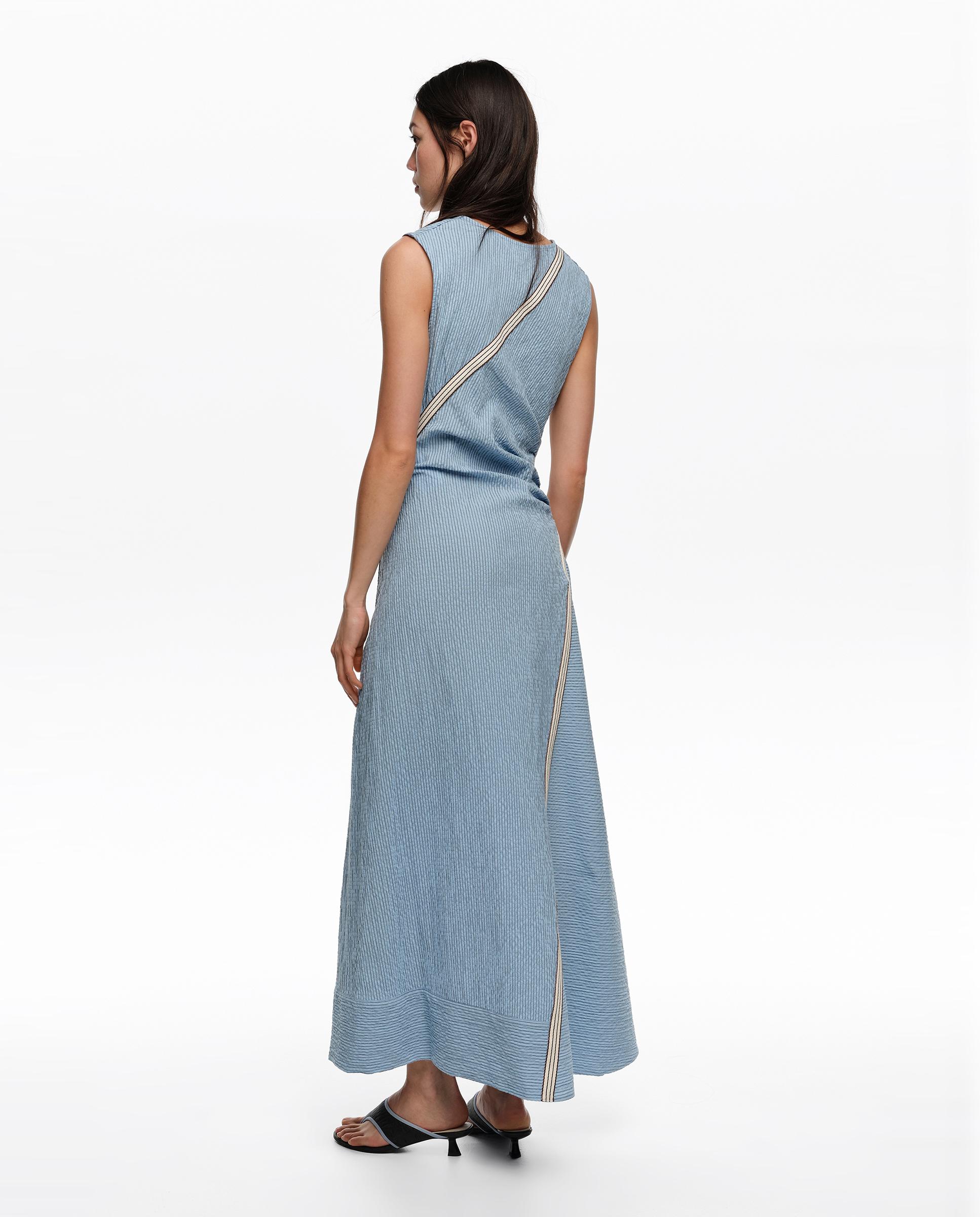 Vestido Comprido com Cavas e Tira Sobreposta Às Riscas Azul-claro-4