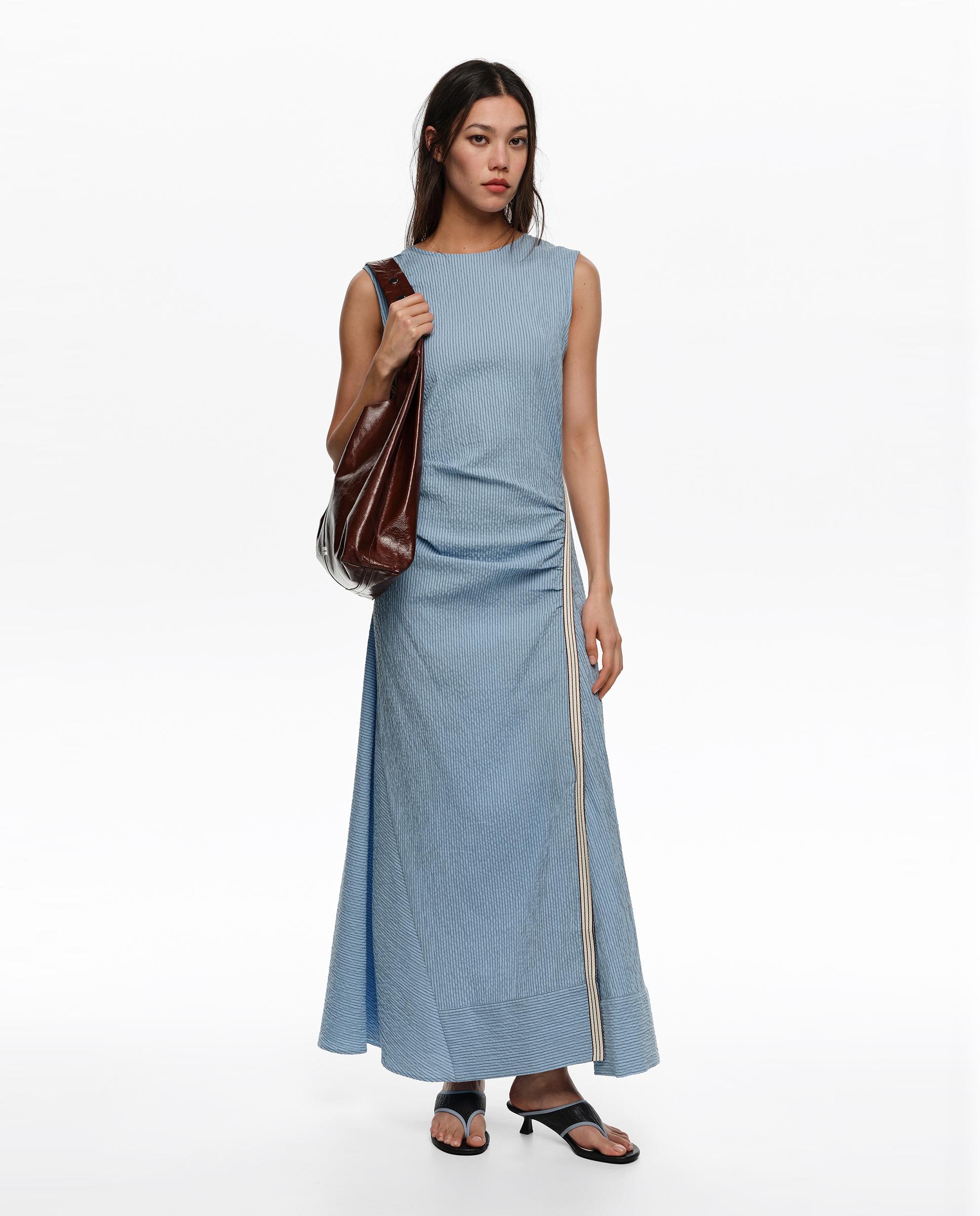Vestido Comprido com Cavas e Tira Sobreposta Às Riscas Azul-claro-5