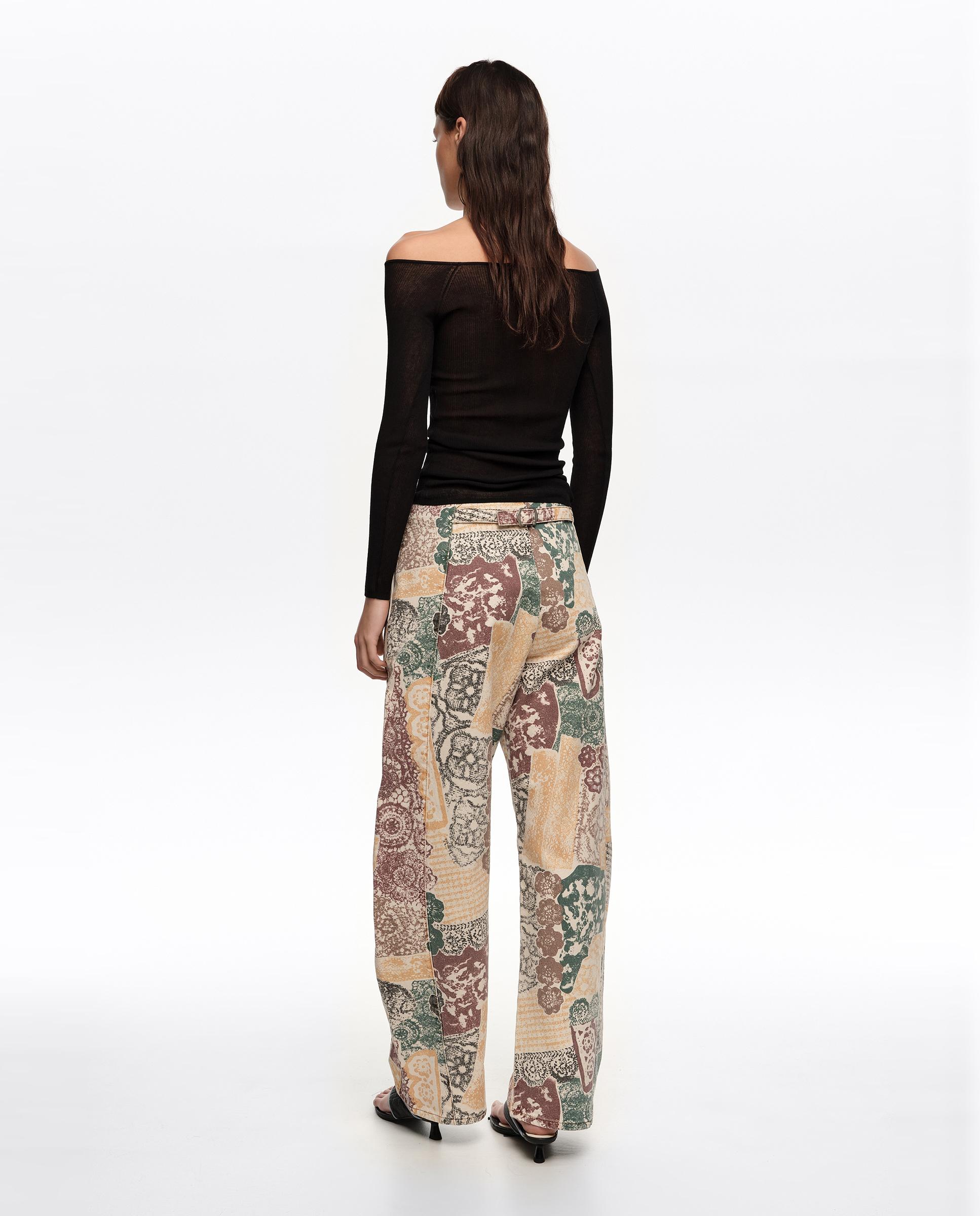 Calças Largas Barrel Denim Fivela Lace Marfim-5