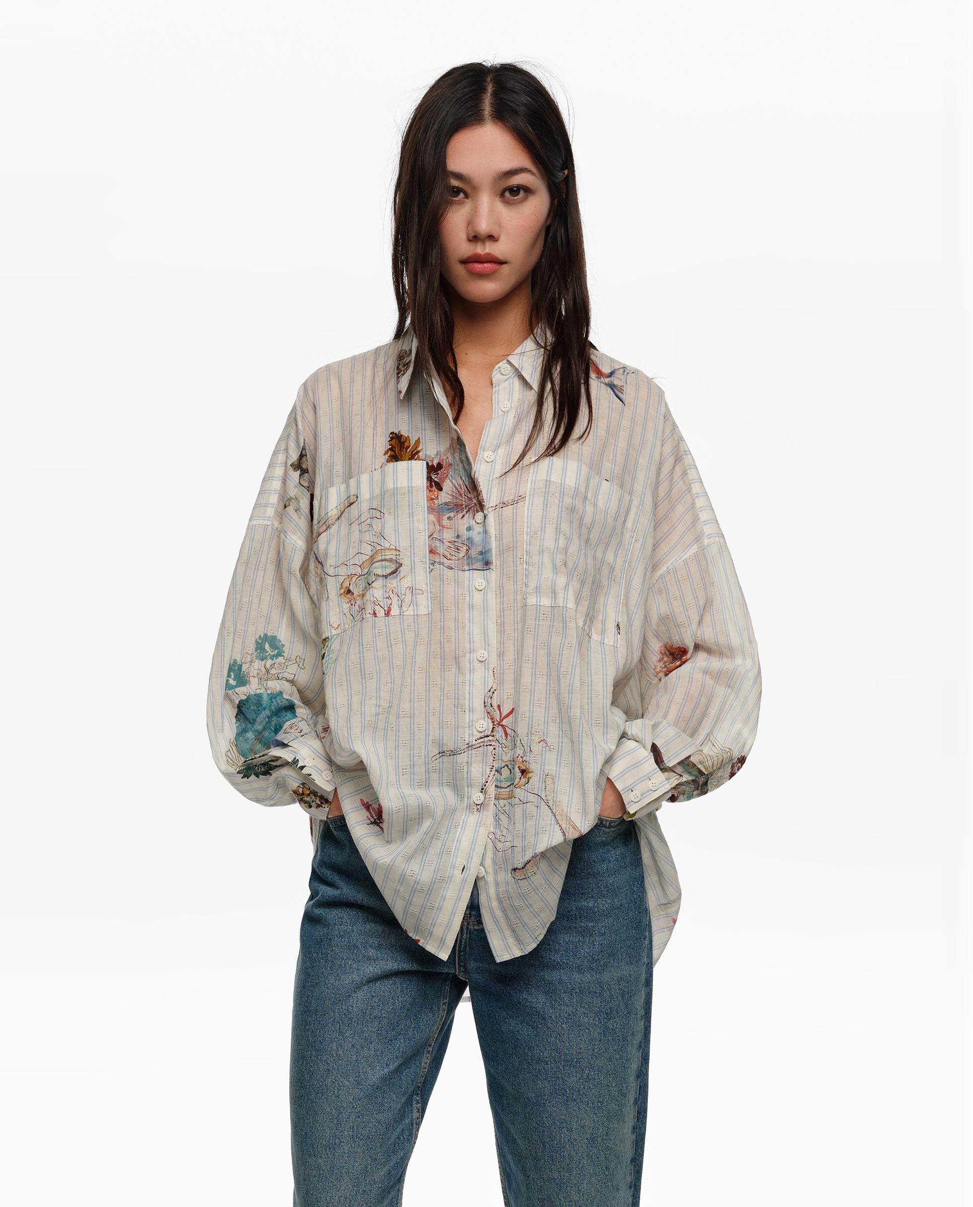 Camisa em Algodão 100% Às Riscas Cru-1