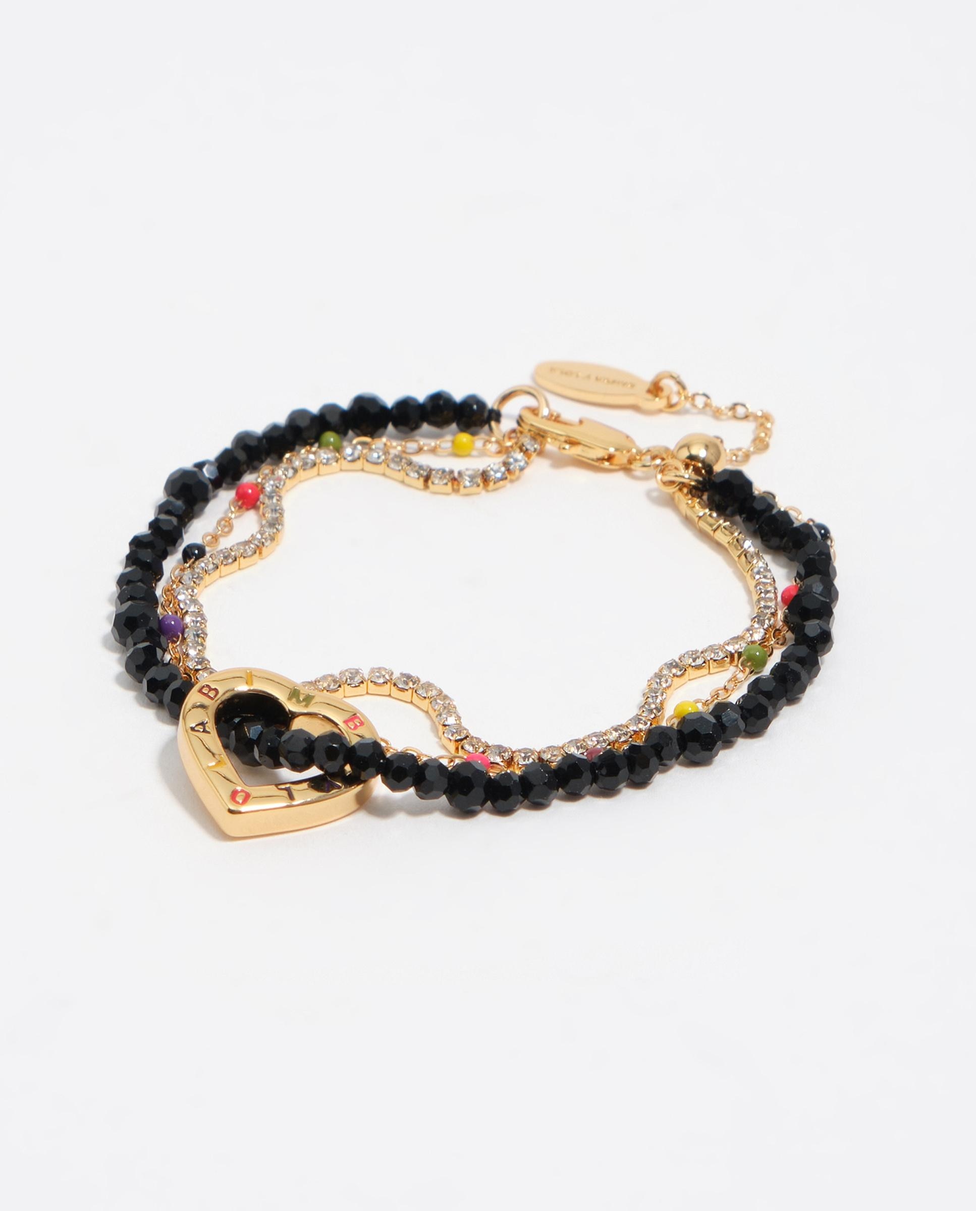 Pulseira Tripla Cristais e Coração com Logo Dourada Preto-1