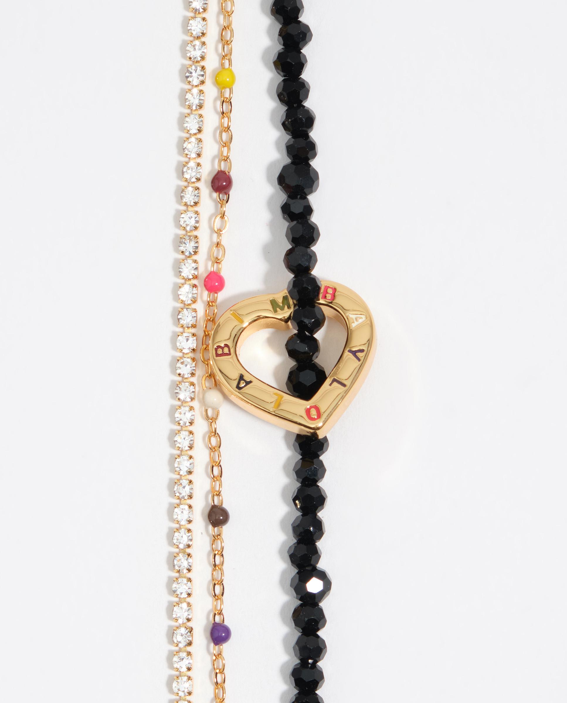 Pulseira Tripla Cristais e Coração com Logo Dourada Preto-2