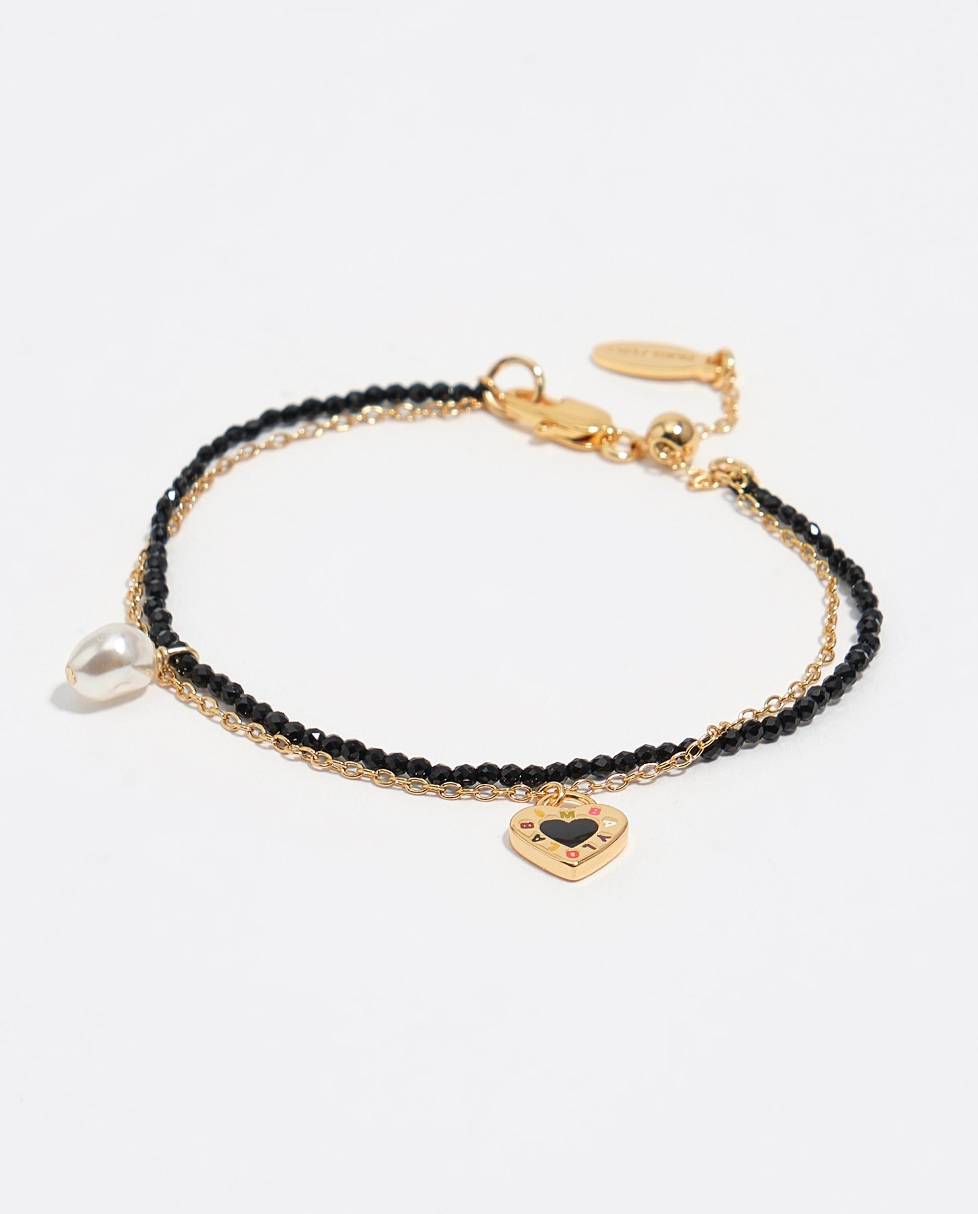 Pulseira de Corrente Dupla com Cristais e Logo Coração em Preto Preto-1